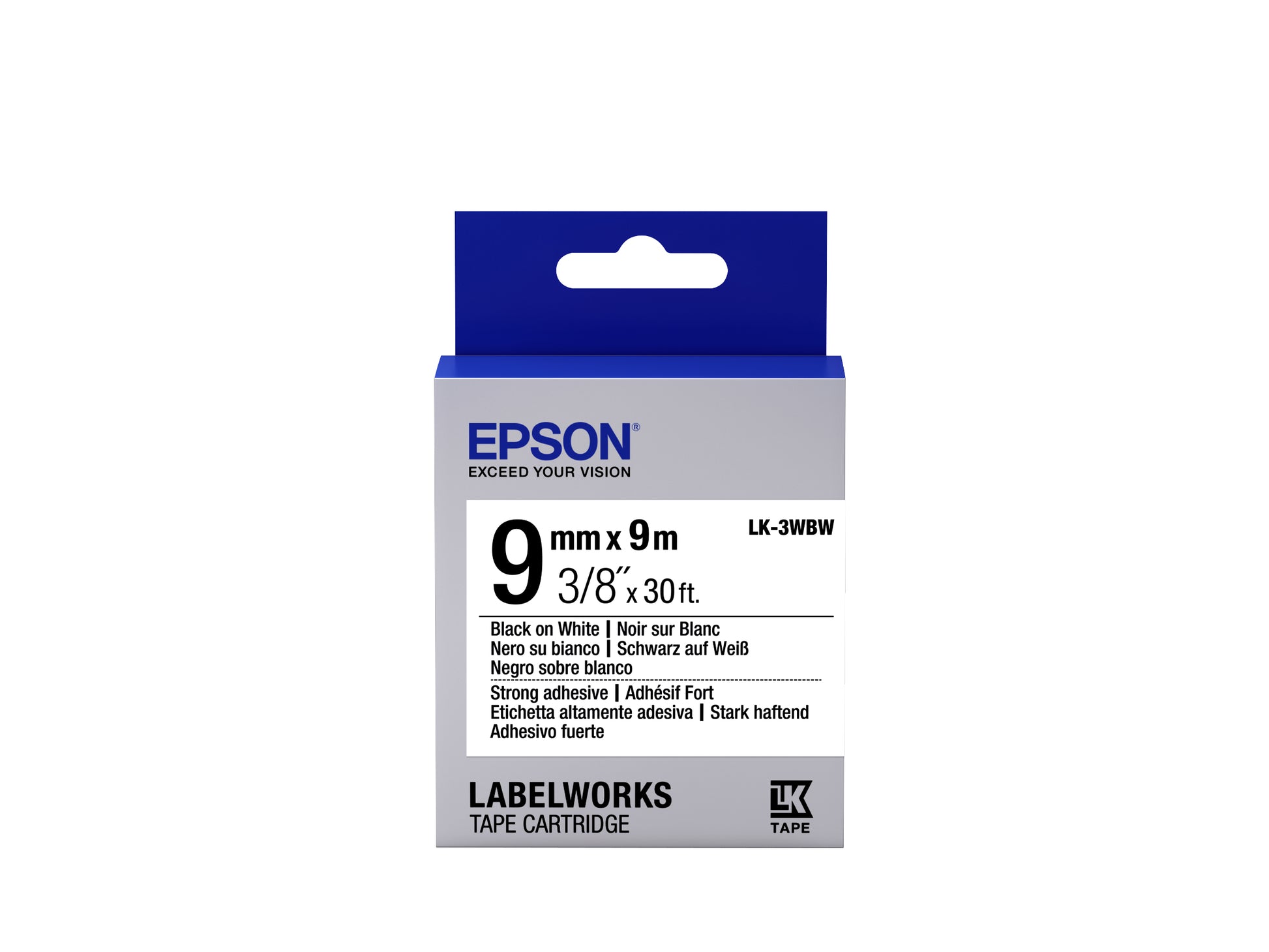 Epson Prägeband 3D 9 mm – 9 m, Schwarz auf Weiss, permanent, für Epson LabelWorks