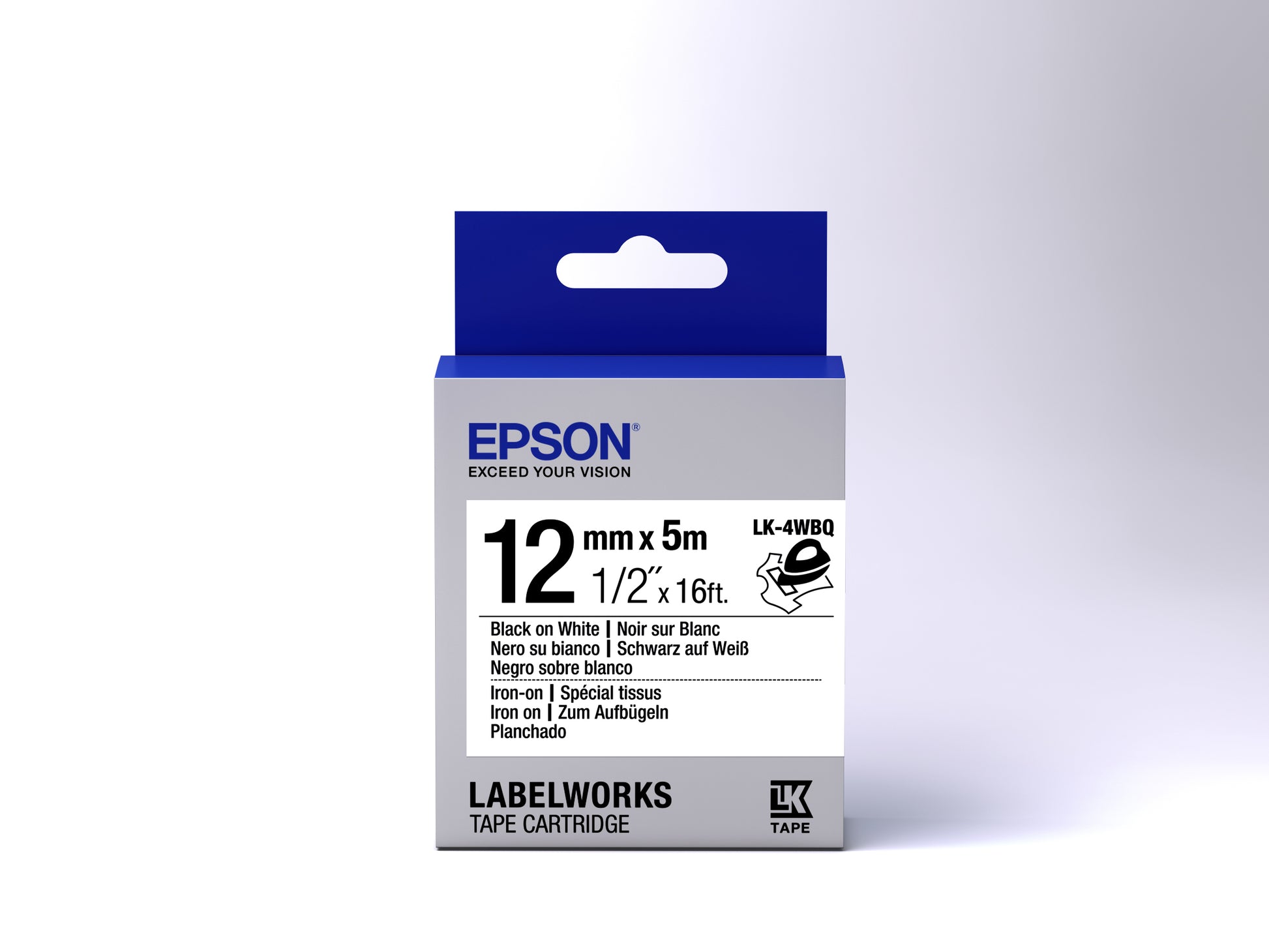 Epson LK-4WBQ Textil-/Satinband – schwarz auf weiss – 12 mm × 5 m, aufbügelbar – für Epson LabelWorks