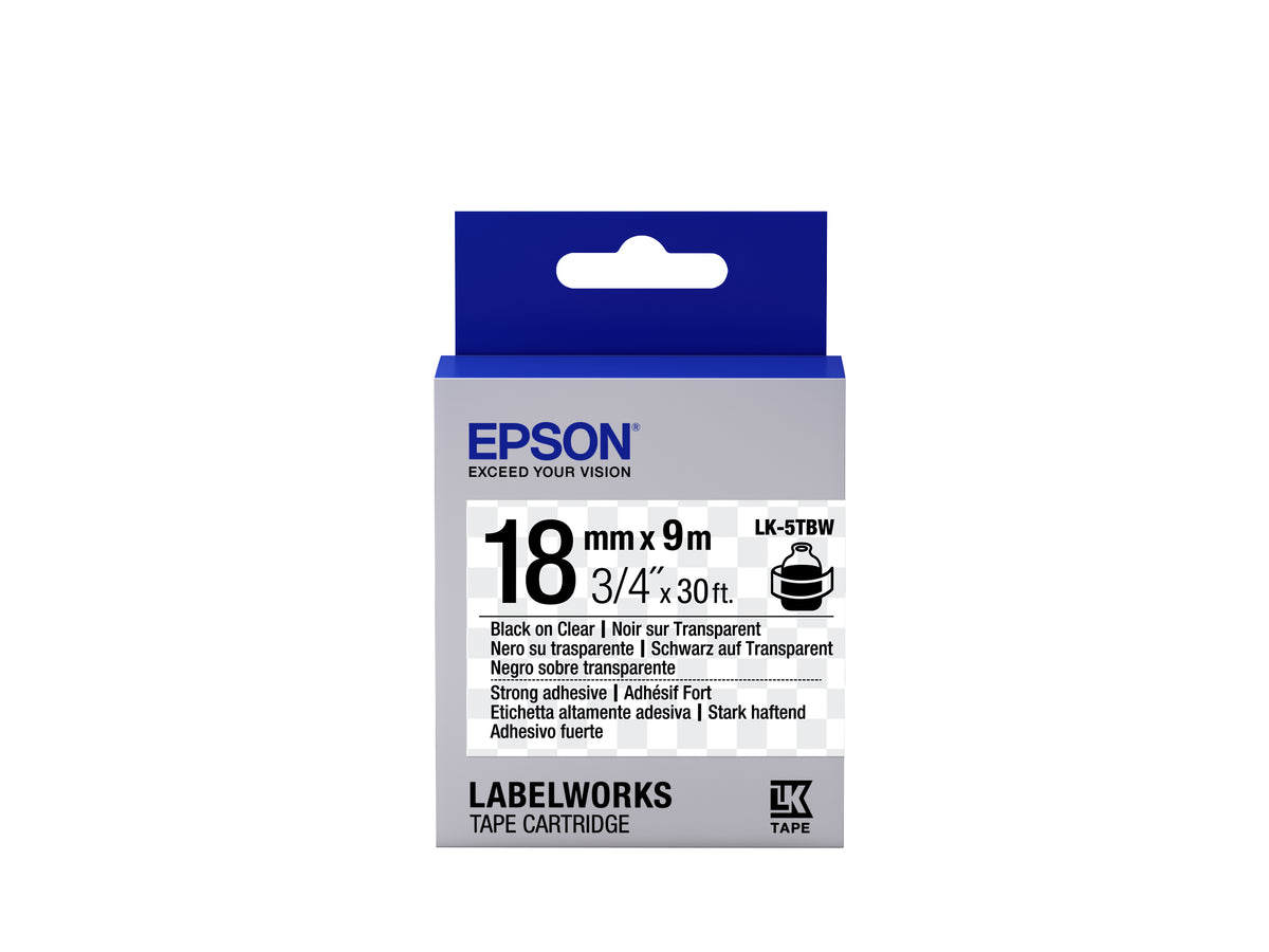 Epson LK-5TBW Extra stark klebendes Schriftband – Schwarz auf Transparent – 18 mm × 9 m – für Epson LabelWorks