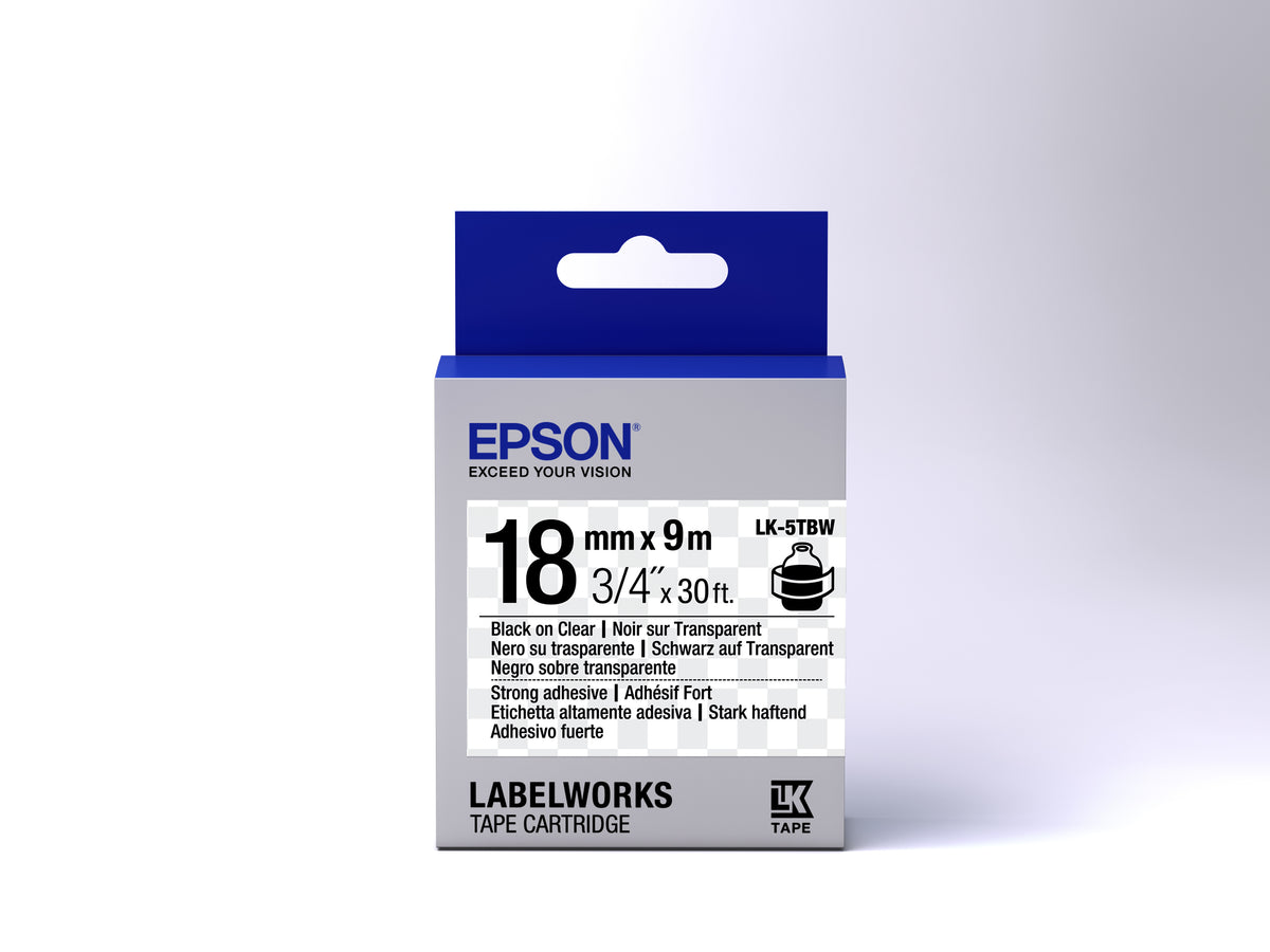 Epson LK-5TBW Extra stark klebendes Schriftband – Schwarz auf Transparent – 18 mm × 9 m – für Epson LabelWorks