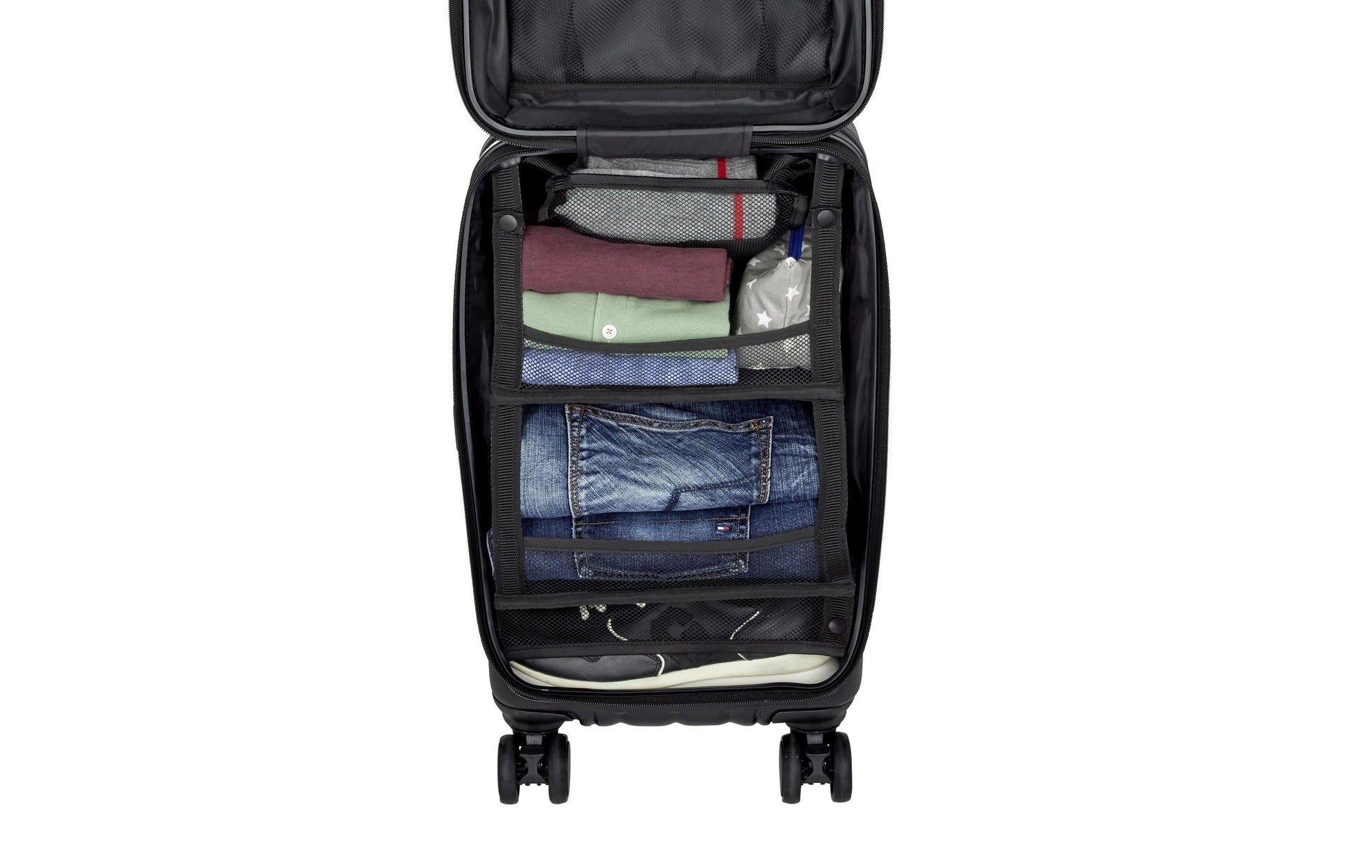 Casyro Stand-Up S – Trolley Hartschale, 45 l, Handgepäck geeignet, 4 Rollen, TSA-Schloss, PC, Schwarz, 34 × 55