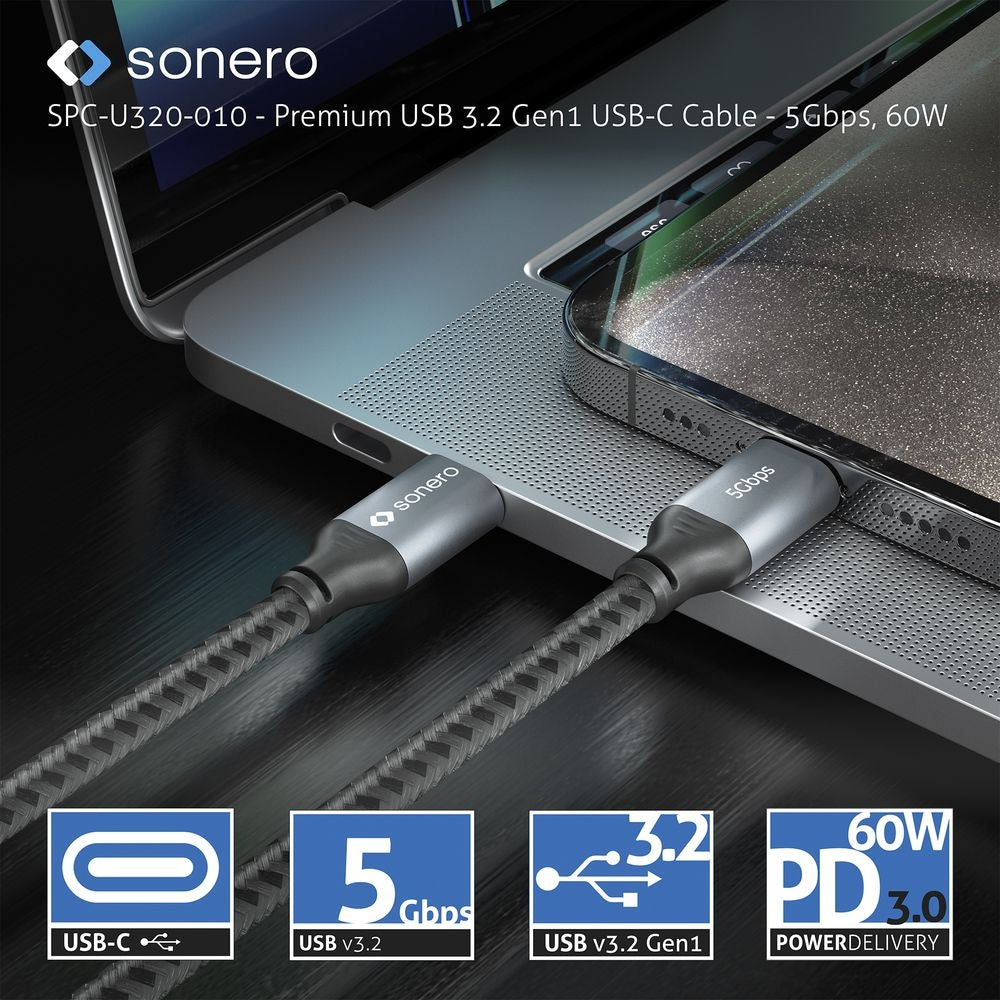 Sonero – USB-C auf USB-C Kabel – USB 3.2 Gen 1 (5 Gbit/s) – 1 m – PD 60 W – Geflochten – Schwarz/Grau