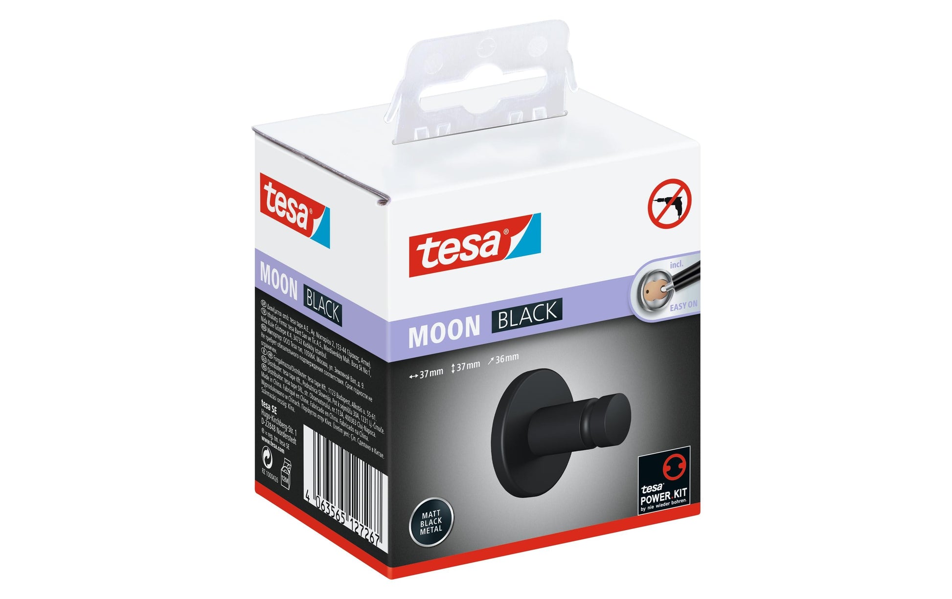 TESA Klebehaken MOON BLACK – 3,7×3,6×3,7 cm, Stahl, pulverbeschichtet, Klebestreifen