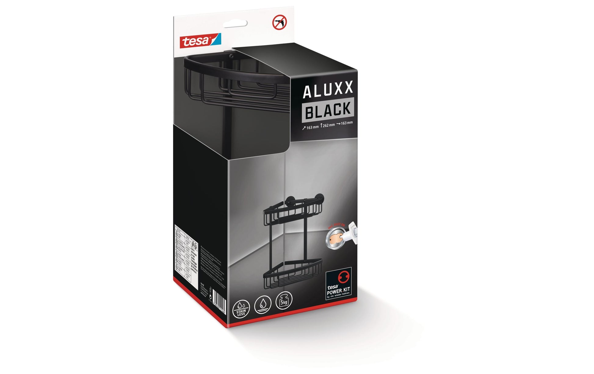 TESA Seifenhalter (Wand) ALUXX BLACK – Aluminium, Wandmontiert, 5 kg, 16,3×16,3×26,2 cm