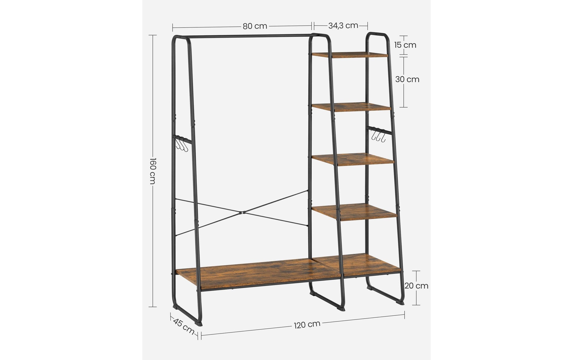 Vasagle Kleiderständer – 5 Ebenen, Stahl/Spanplatte, Schwarz/Braun, 120 × 45 × 160 cm, Traglast 220 kg