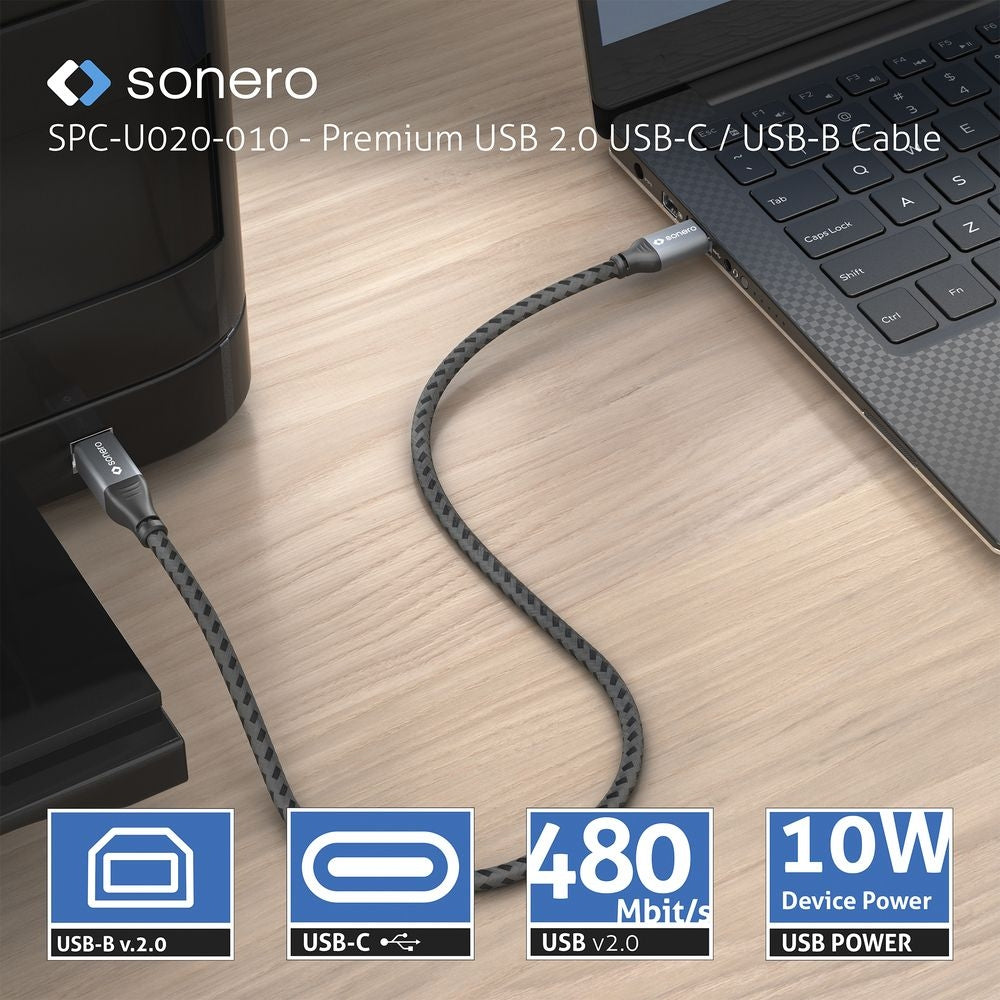 Sonero – USB-C auf USB-B Kabel – USB 2.0 (480 Mbit/s) – 0,5 m – Geflochten, Schwarz/Grau