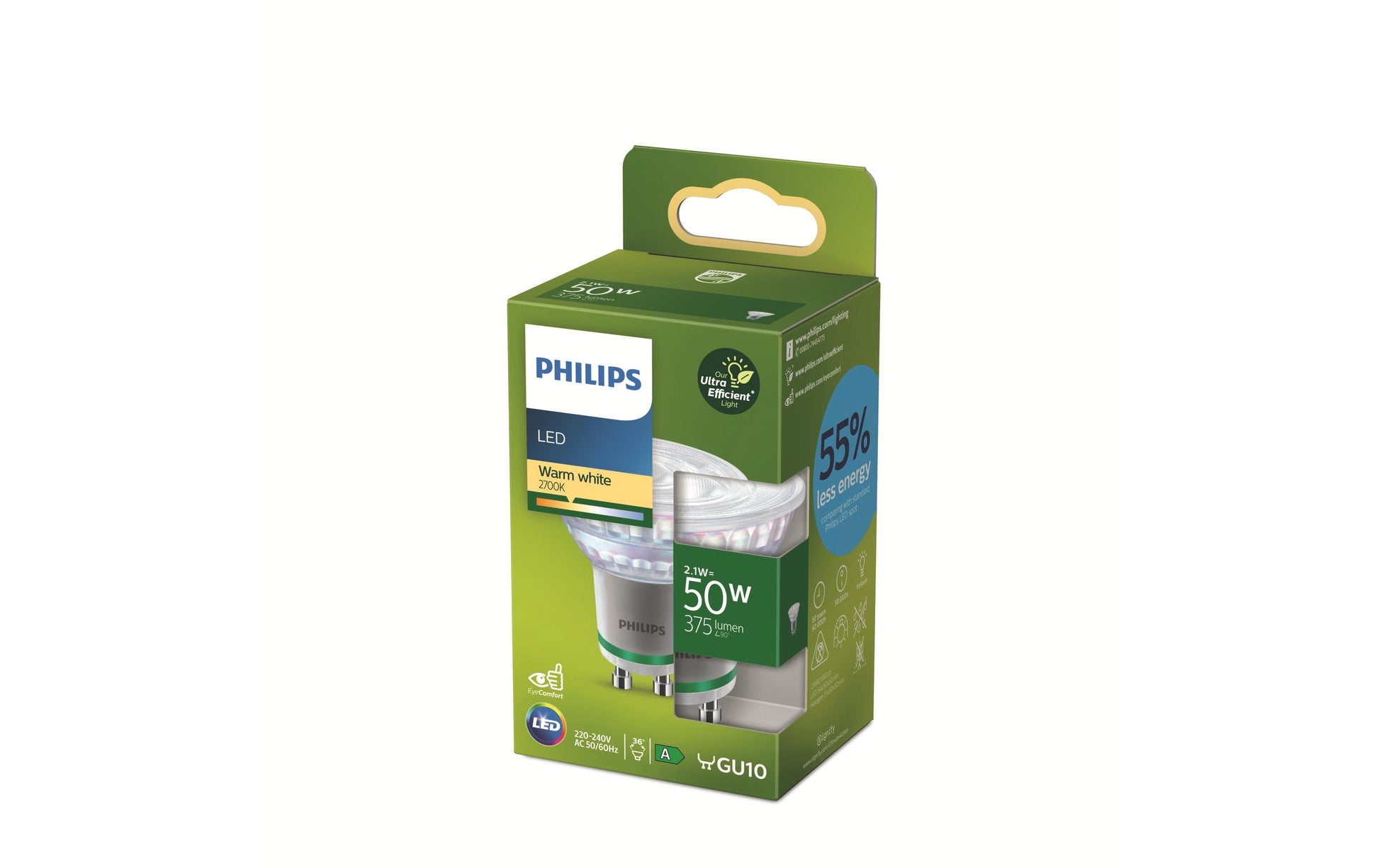 Philips by Signify Philips LED-Leuchtmittel GU10 Reflektor – Warmweiss 2700 K, 375 lm, 2,1 W, 36° – 1 Stk., Transparent