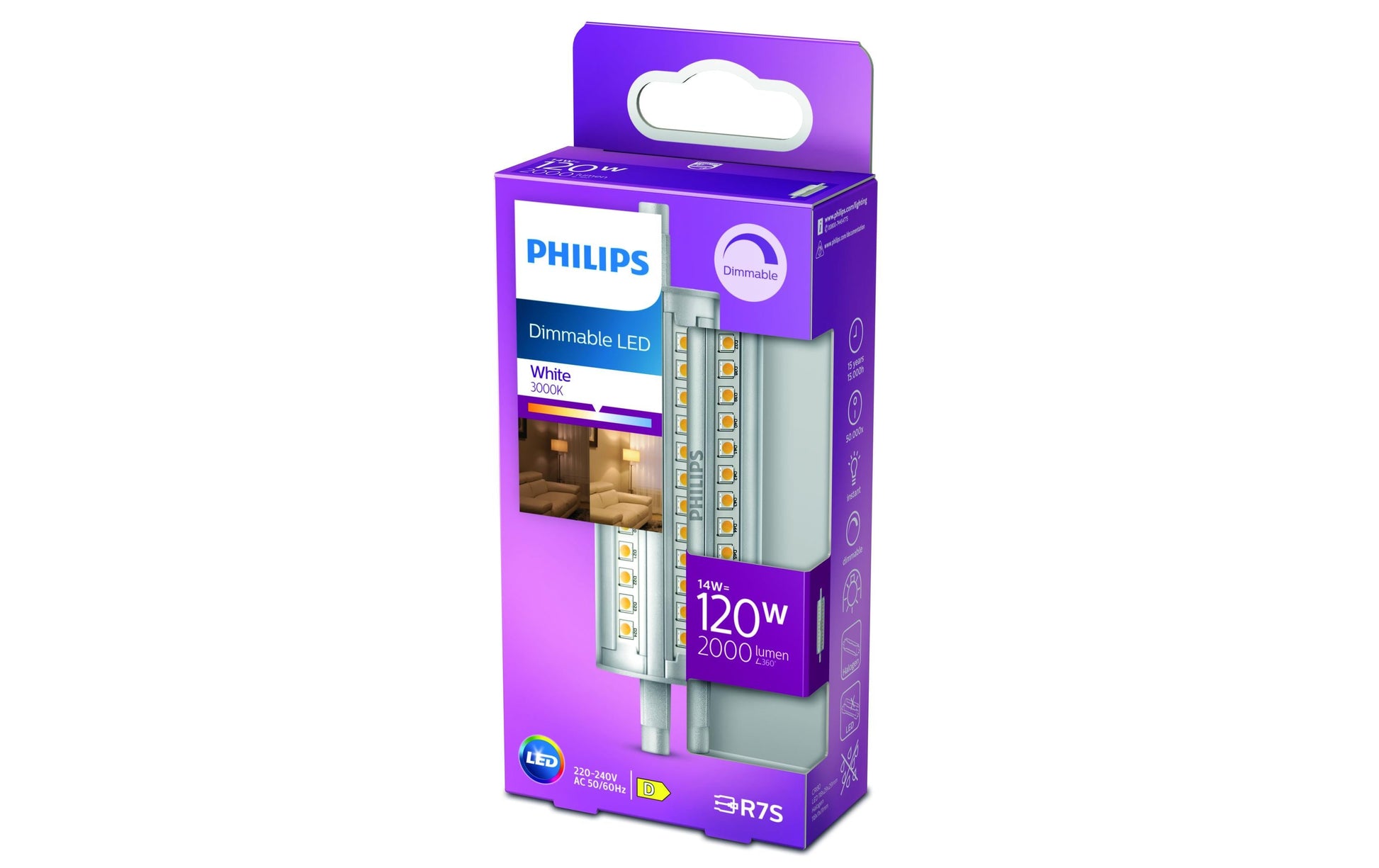Philips by Signify Philips Leuchtmittel R7S, 118 mm – Warmweiss 3000 K, 2000 lm, 14 W, dimmbar – 1 Stk. – Silber, Kunststoff