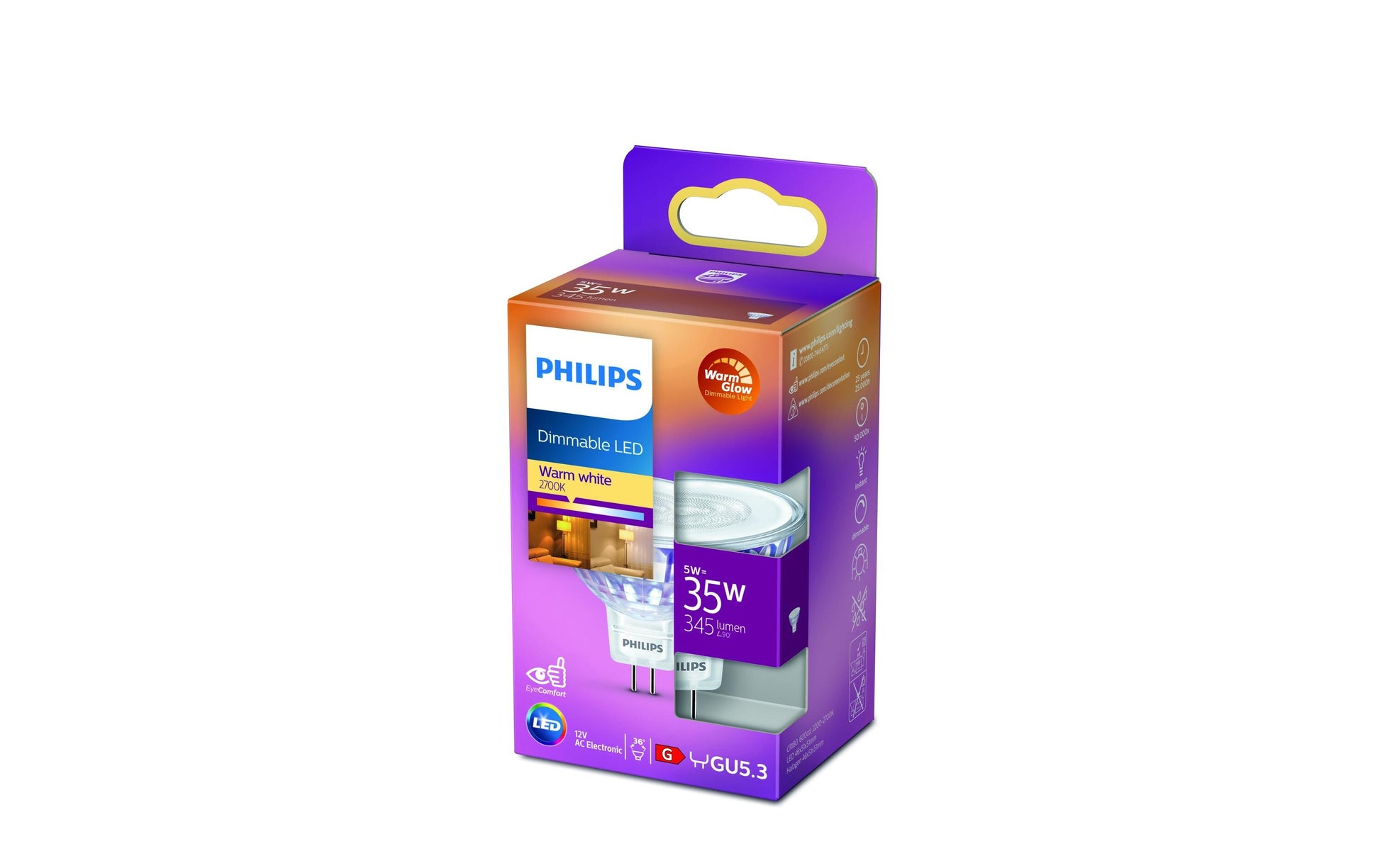 Philips by Signify Philips LED-Reflektor MR16 GU5.3 – Warmweiss 2200–2700 K, 345 lm, 5 W, dimmbar, 36° – 1 Stk., Silber
