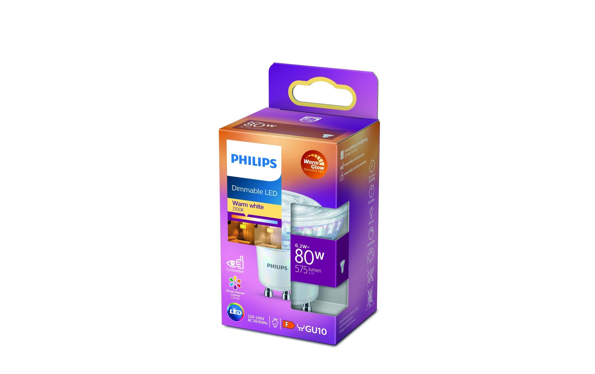 Philips by Signify Philips LED-Leuchtmittel GU10 – Warmweiss 2200–2700 K, 575 lm, 6,2 W, dimmbar, 36° – 1 Stk., Silber