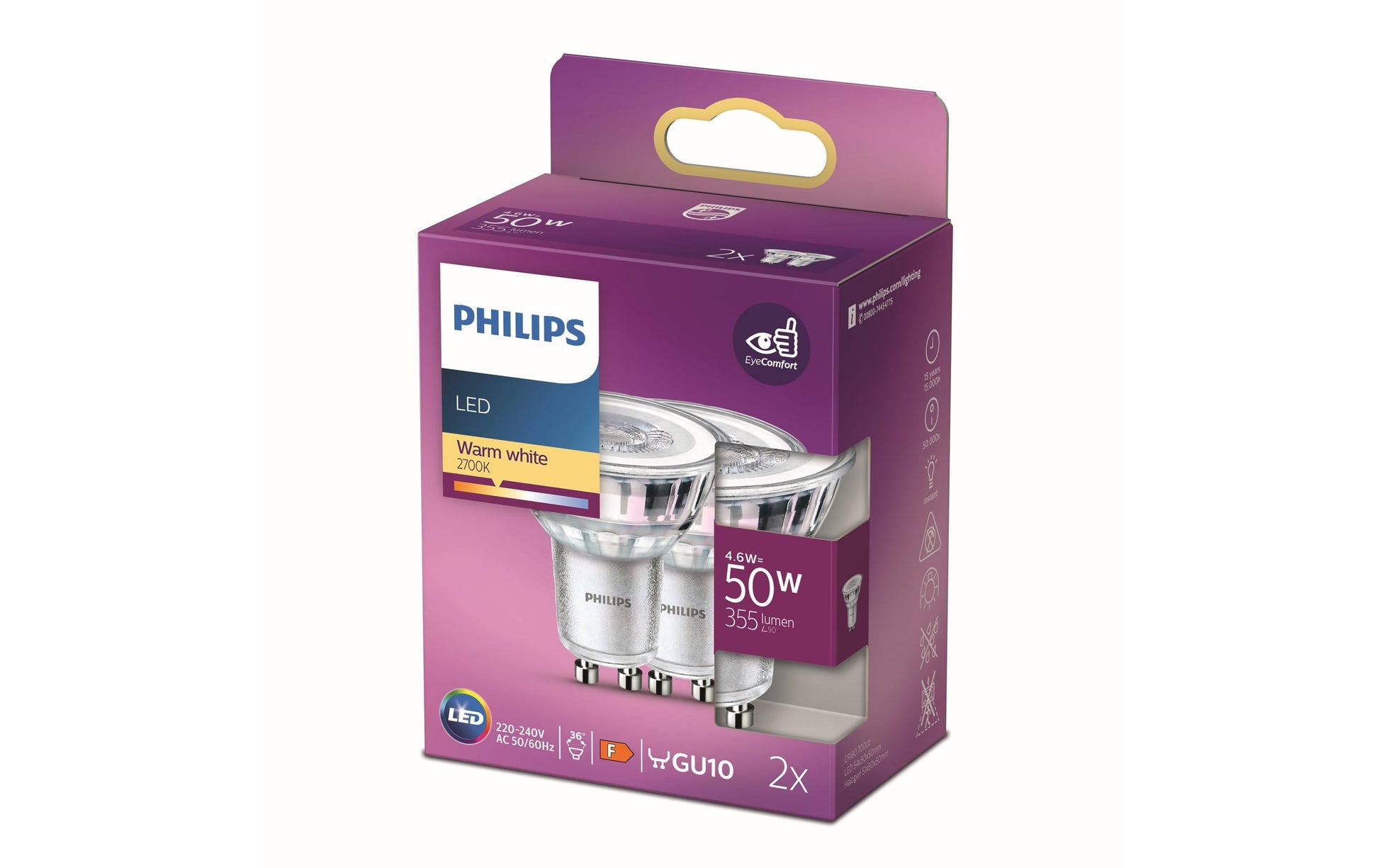 Philips by Signify Philips LED-Leuchtmittel GU10 MR16 – 355 lm, 4,6 W, Warmweiss 2700 K, 36° – 1 Stk. – Silber, Glas