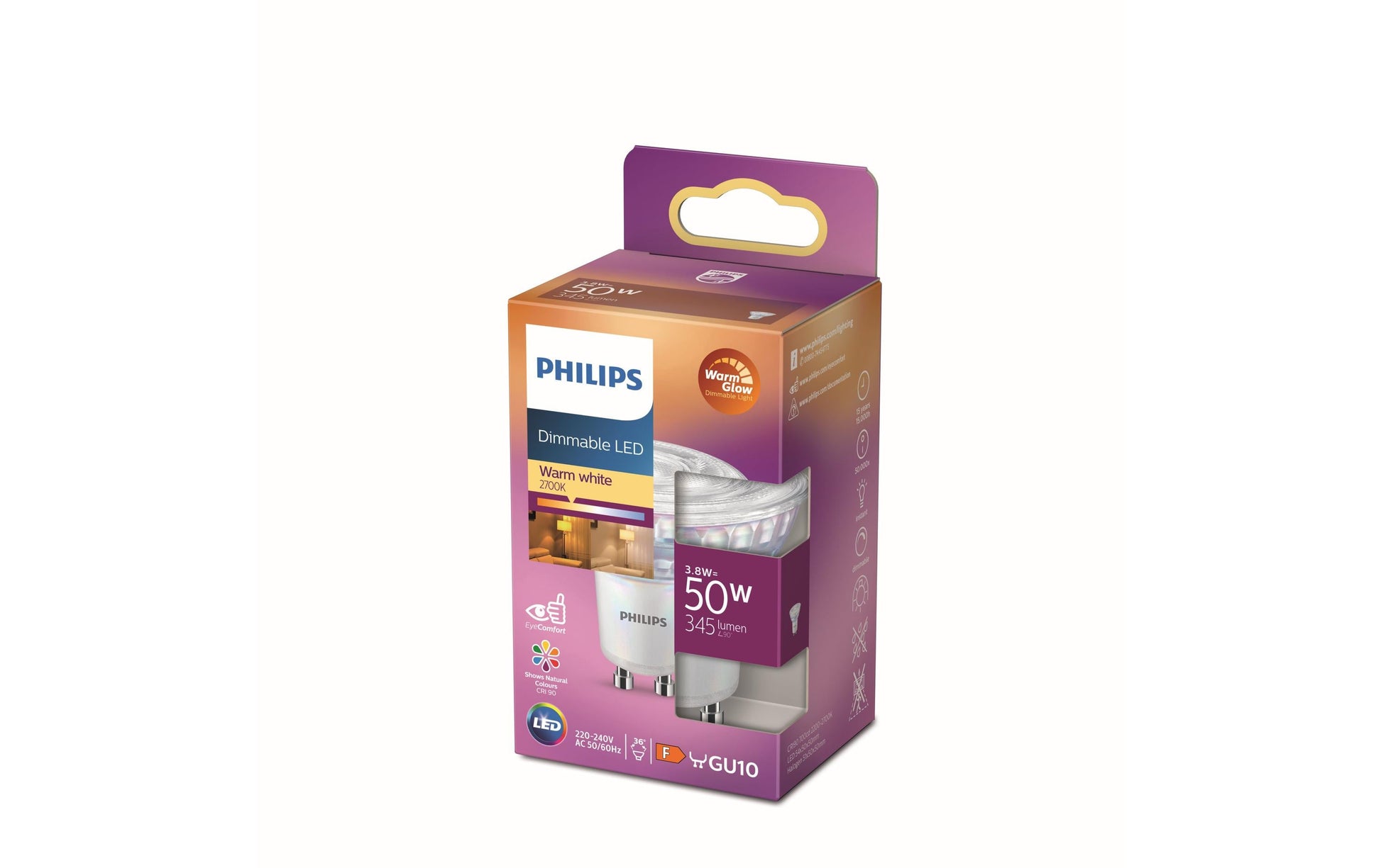 Philips by Signify Philips LED-Leuchtmittel GU10 Reflektor – Warmweiss 2200–2700 K, 345 lm, 3,8 W, dimmbar – 1 Stk. – Silber/Glas