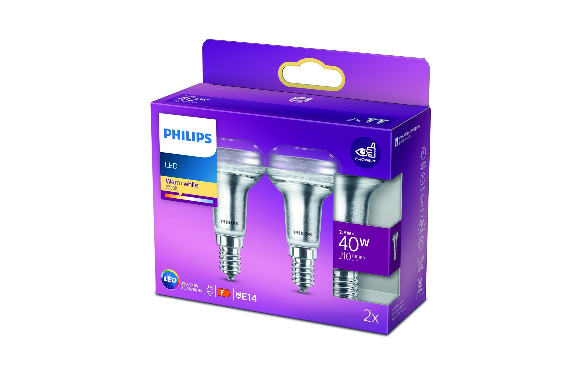 Philips by Signify Philips LED-Reflektor R50 E14 – Warmweiss 2700 K, 210 lm, 2,8 W – 36°, klar – 2 Stk.