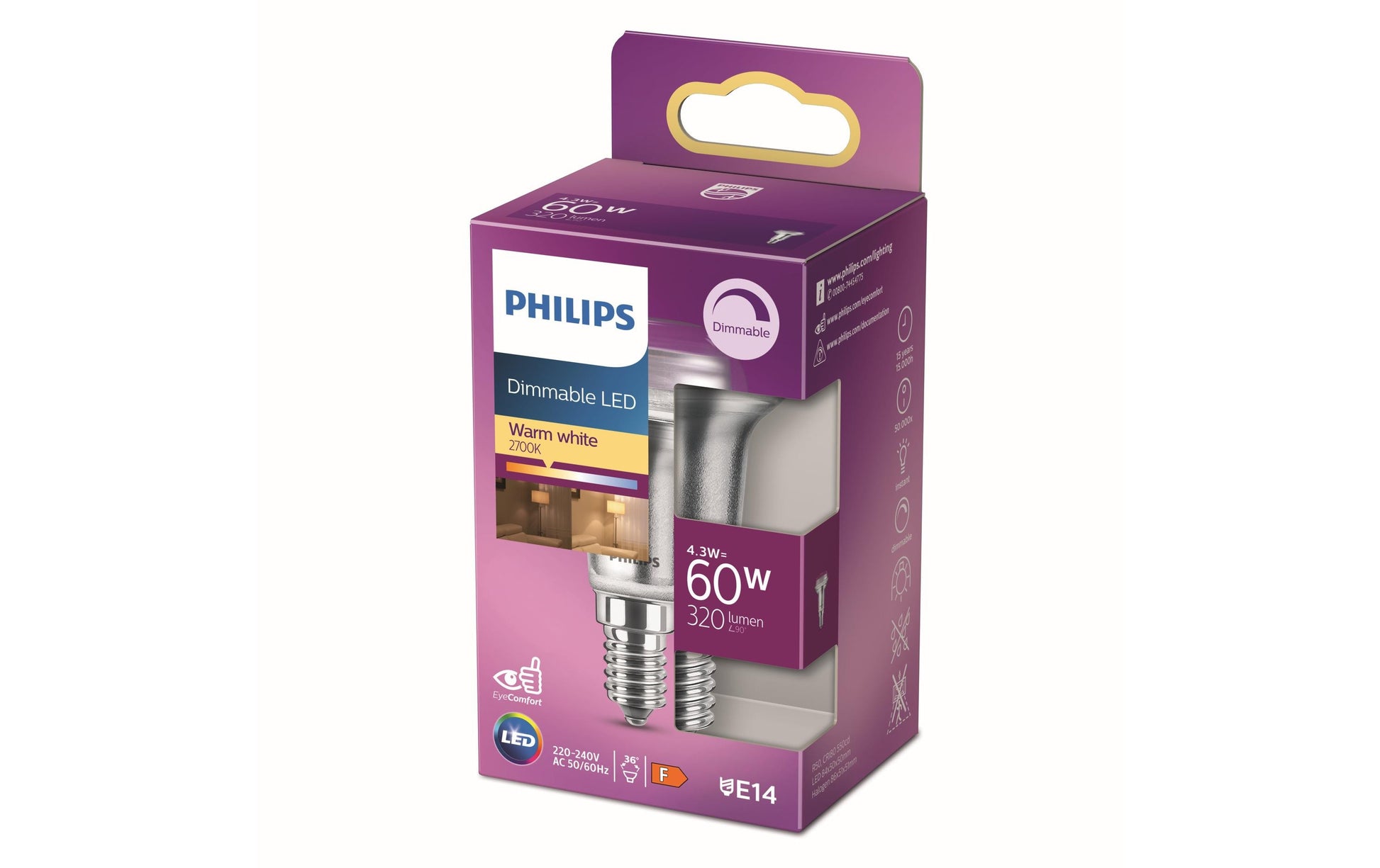 Philips by Signify Philips LED-Reflektor R50 E14 – 320 lm, 4,3 W, Warmweiss 2700 K, 36°, dimmbar – 1 Stk. – Klar