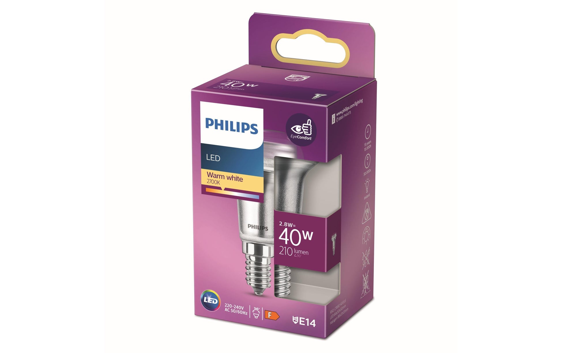 Philips by Signify Philips LED-Reflektor R50 E14 – Warmweiss 2700 K, 210 lm, 2,8 W, 36° – 1 Stk., Silber