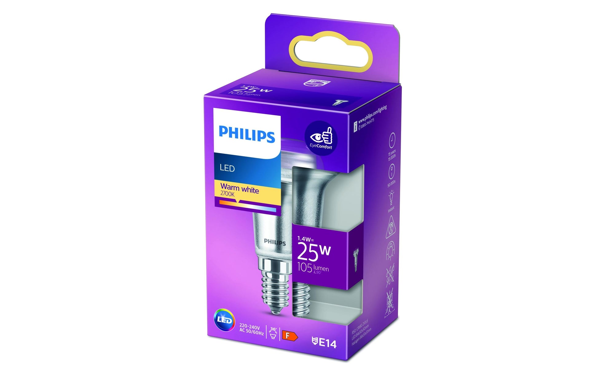 Philips by Signify Philips LED-Reflektor R50 E14 – Warmweiss 2700 K, 105 lm, 1,4 W, 36° – 1 Stk. – Klar