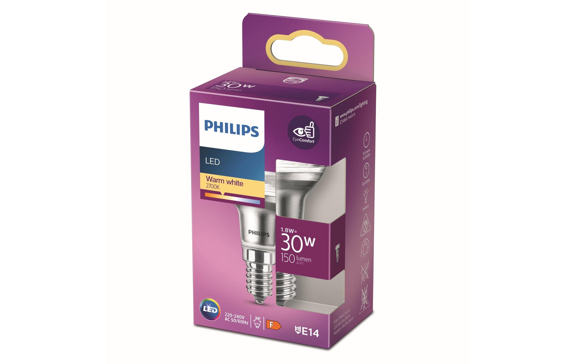Philips by Signify Philips LED-Reflektor E14 R39 – 150 lm, 1,8 W, Warmweiss 2700 K, 36° – 1 Stk., klar, Glas