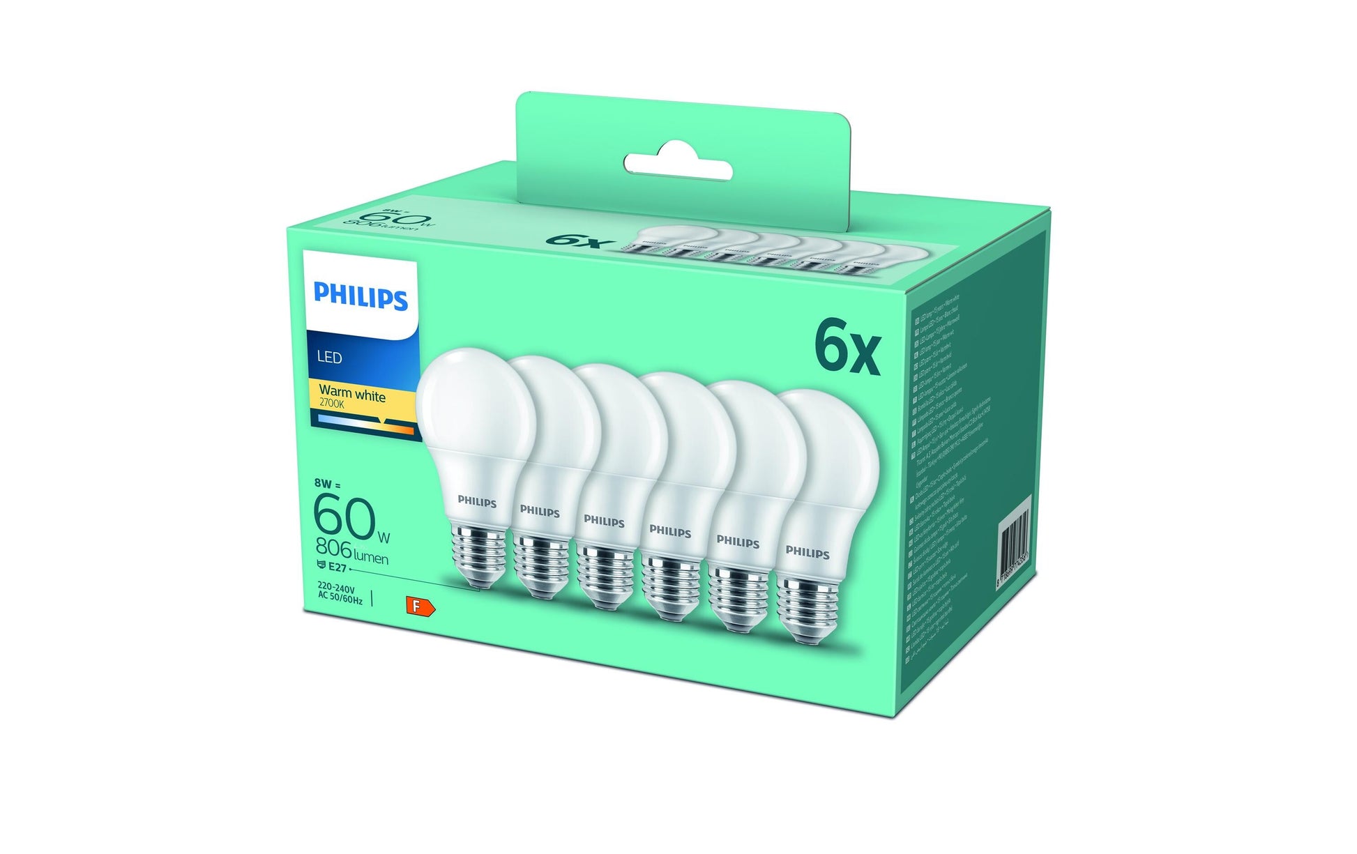 Philips by Signify Philips LED-Leuchtmittel E27 A-Form – Warmweiss 2700 K, 806 lm, 8 W – 6 Stk. – Weiss, Kunststoff