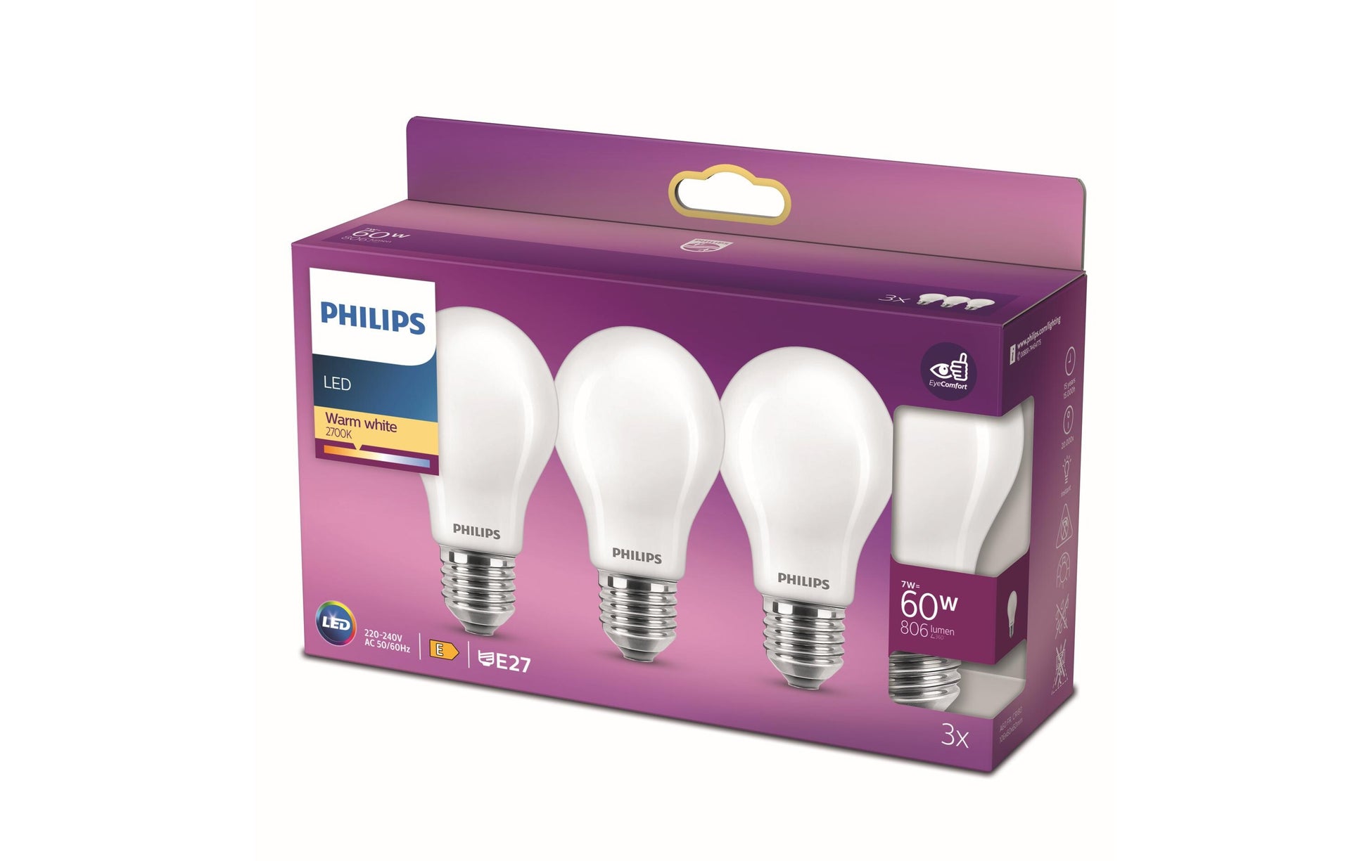 Philips by Signify Philips LED-Leuchtmittel E27 A60 – Warmweiss 2700 K, 806 lm, 7 W – 3 Stk. – Weiss, Glas