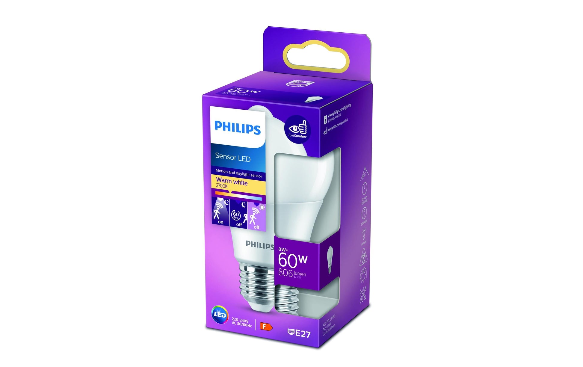 Philips by Signify Philips LED-Leuchtmittel E27 A60 – 806 lm, 8 W, Warmweiss 2700 K – 1 Stk., Weiss