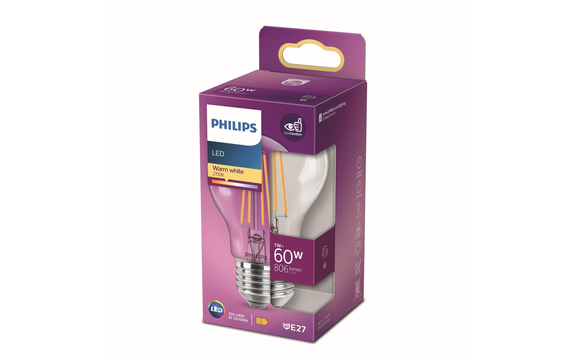 Philips by Signify Philips LED-Leuchtmittel E27 A60 – Warmweiss 2700 K, 806 lm, 7 W – 1 Stk. – Klar