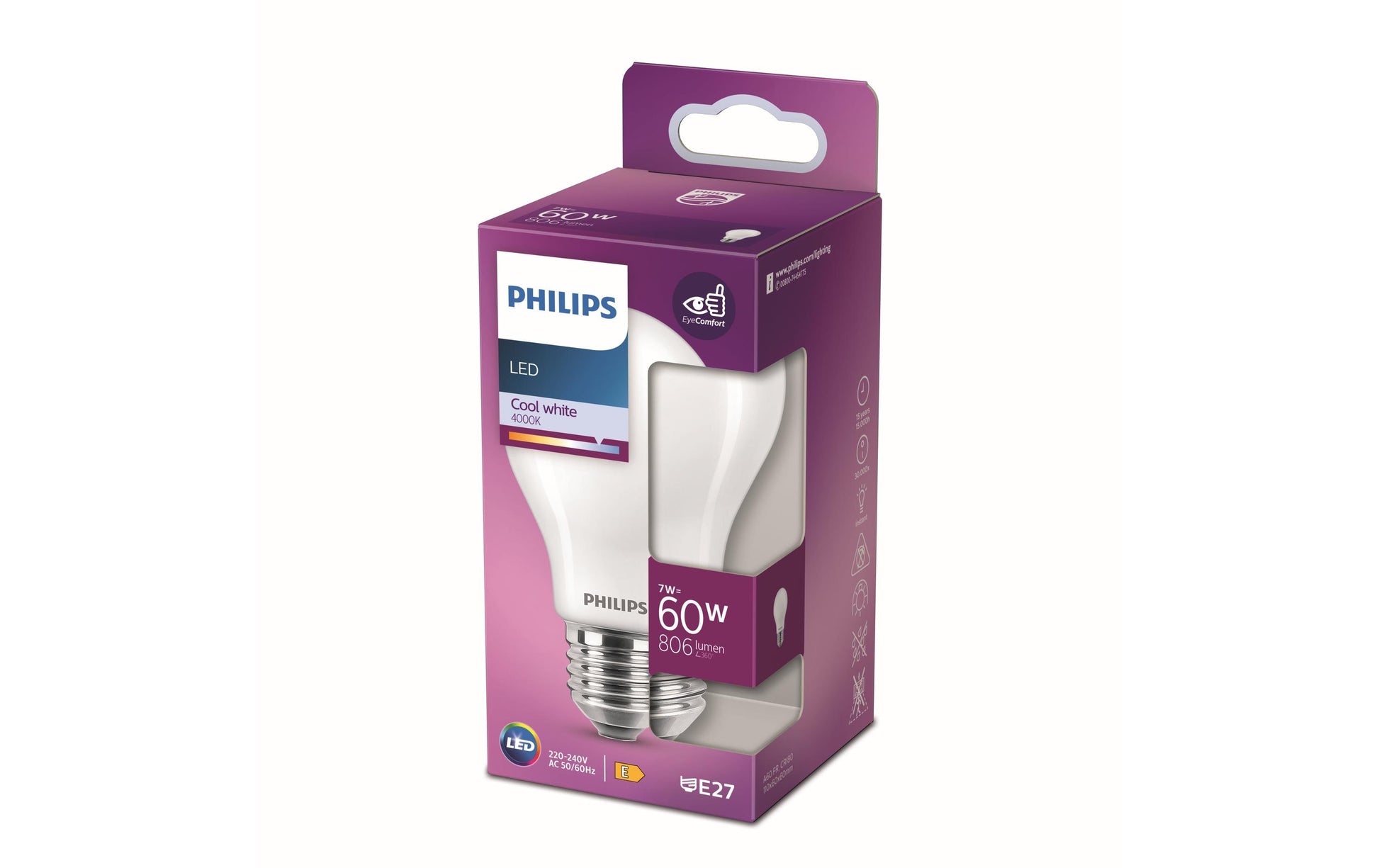 Philips by Signify Philips LED-Leuchtmittel E27 A-Form – Neutralweiss 4000 K, 806 lm, 7 W – 1 Stk., Weiss, Glas