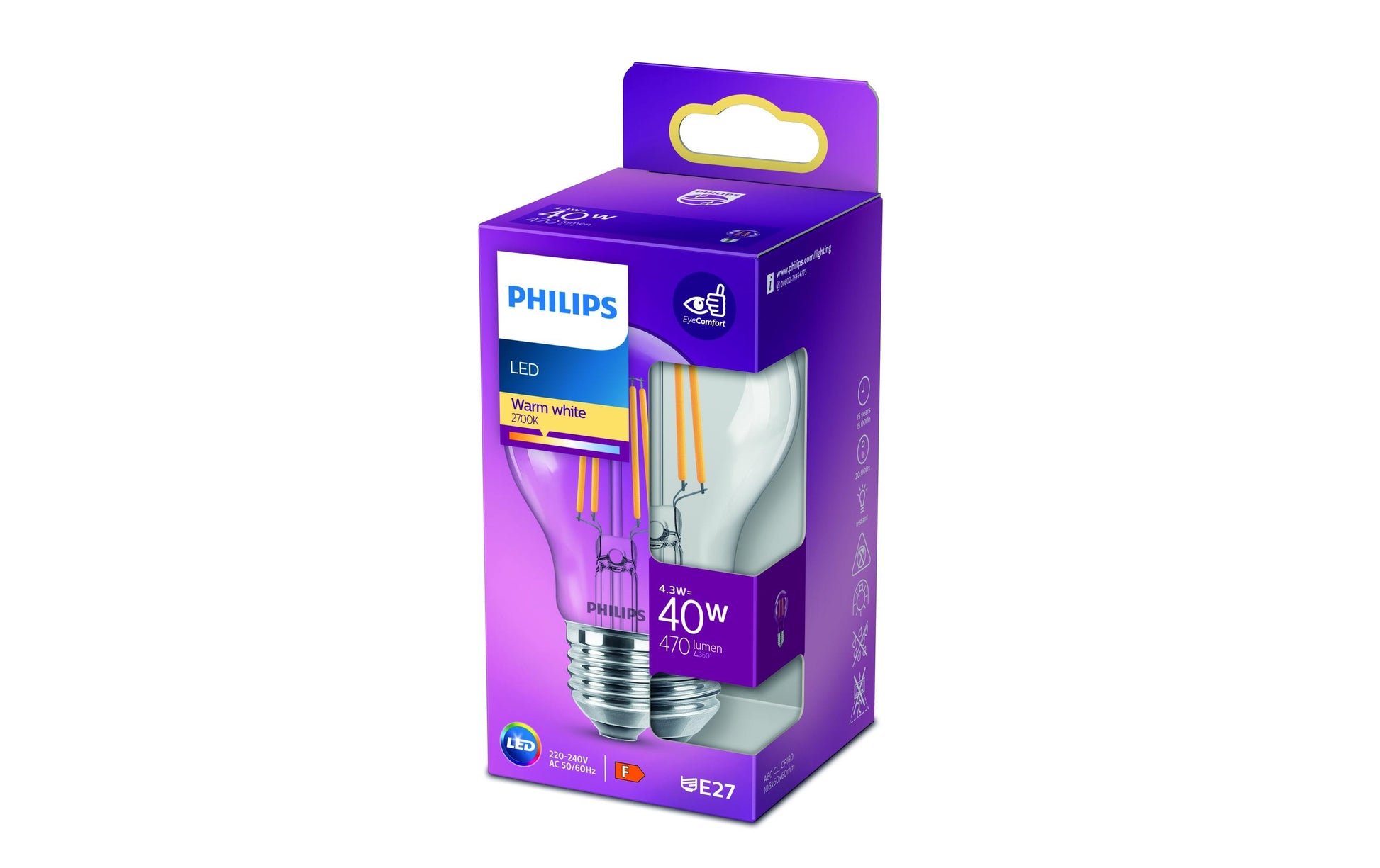 Philips by Signify Philips LED-Leuchtmittel E27 A60 – Warmweiss 2700 K, 470 lm, 4,3 W – 1 Stk. – Transparent, Glas