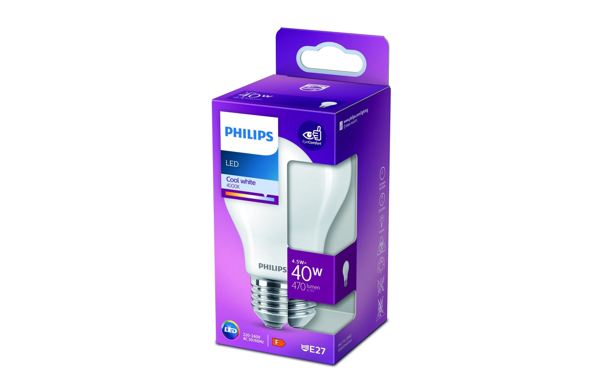 Philips by Signify Philips LED-Leuchtmittel E27 A60 – Kaltweiss 4000 K, 470 lm, 4,5 W – 1 Stk., Glas
