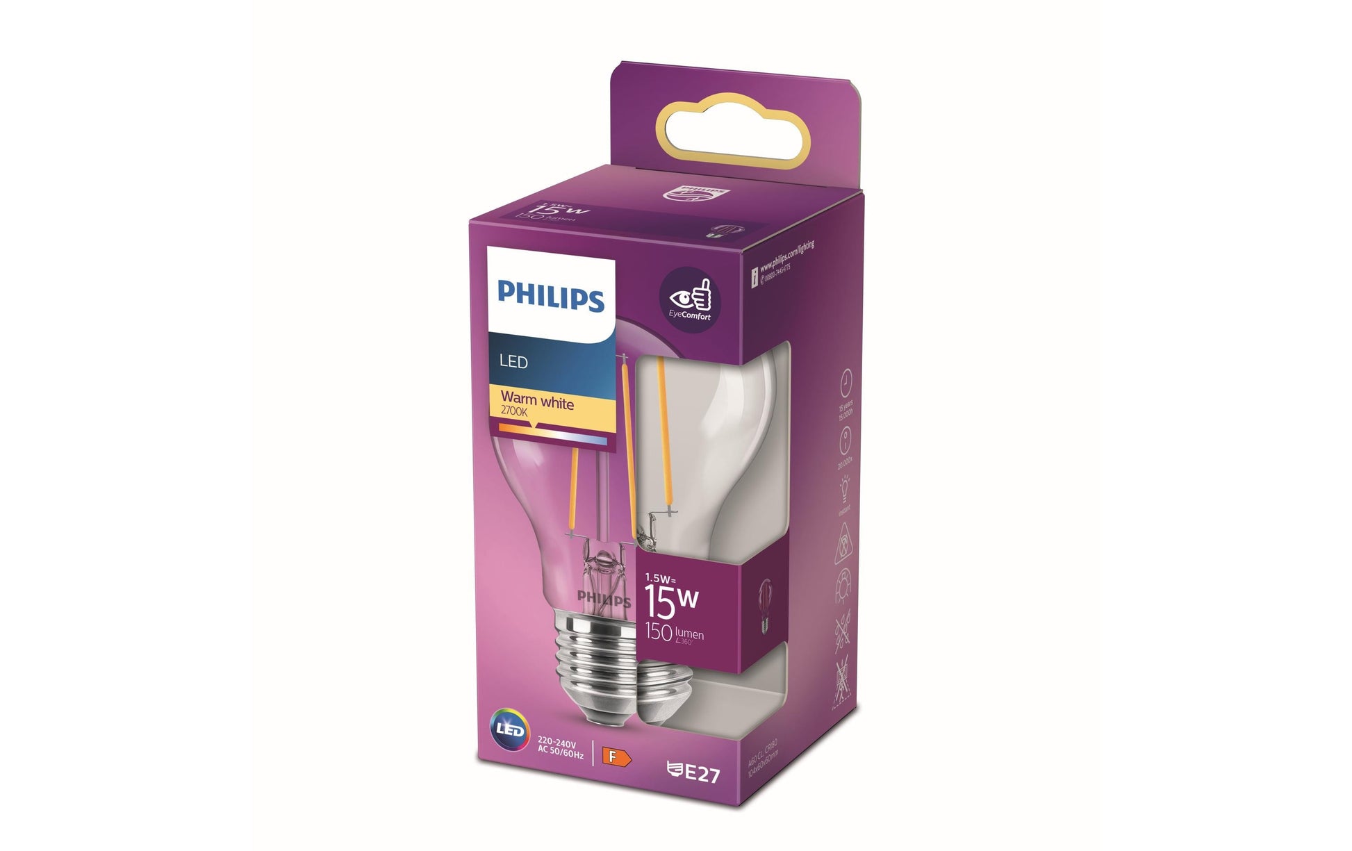 Philips by Signify Philips LED-Leuchtmittel E27 A60 – Warmweiss 2700 K, 150 lm, 1,5 W – Transparent – 1 Stk.