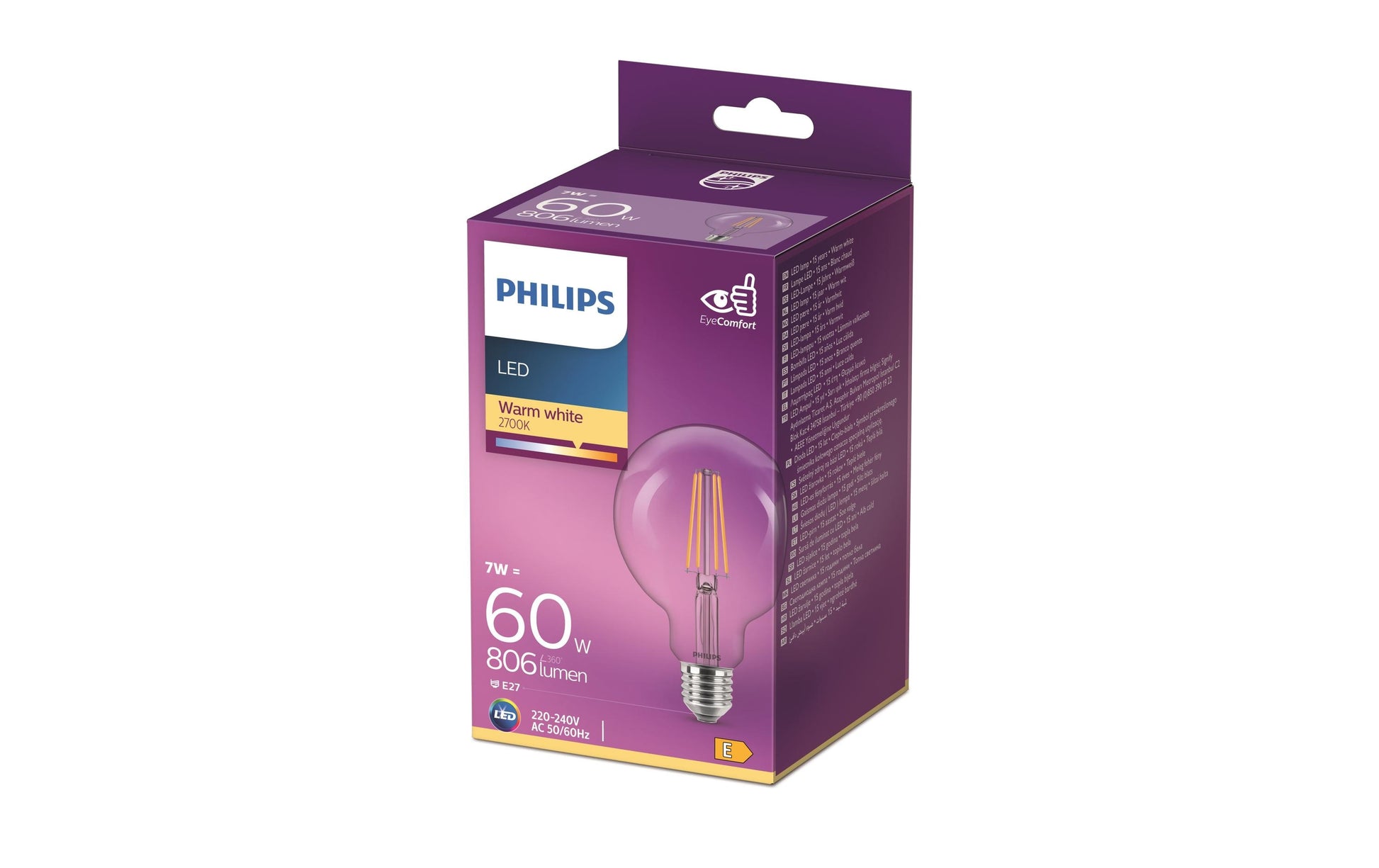 Philips by Signify Philips LED-Leuchtmittel E27 Globus – Warmweiss 2700 K, 806 lm, 7 W – IP20 – 1 Stk. – Transparent