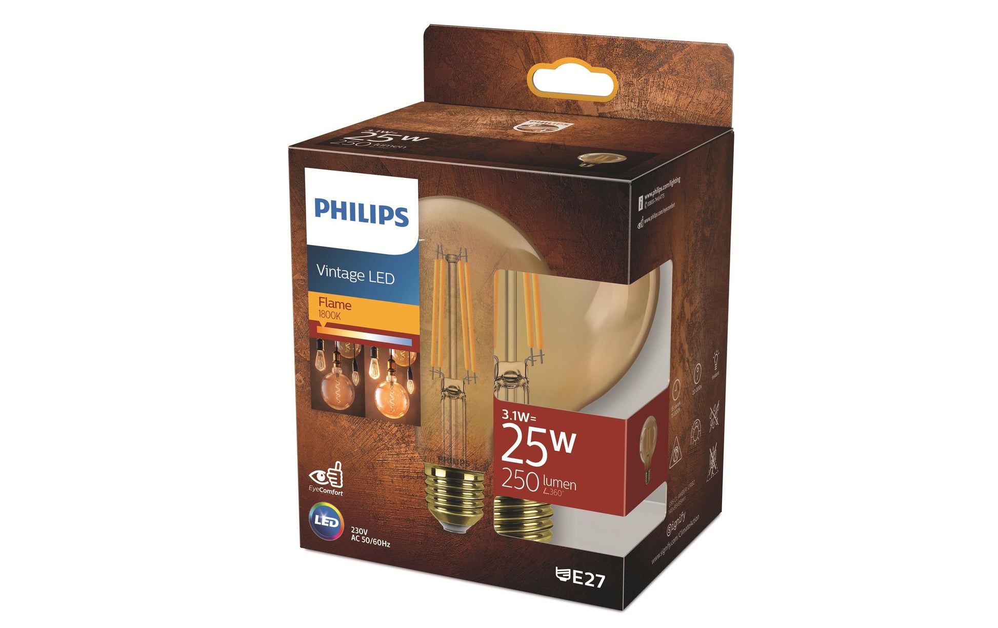 Philips by Signify Philips LED-Leuchtmittel E27 G95 – 250 lm, 3,1 W, Warmweiss 1800 K – 1 Stk., Bernstein (Glas)