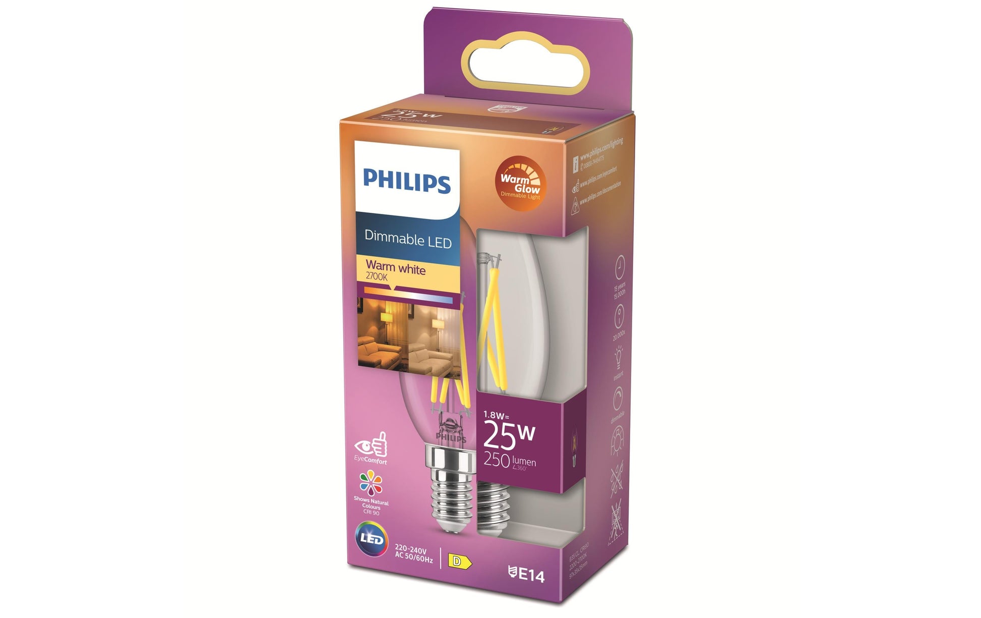 Philips by Signify Philips Leuchtmittel E14 B35 – Warmweiss 2200–2700 K, 340 lm, 2,5 W – 1 Stk. – Transparent, Glas
