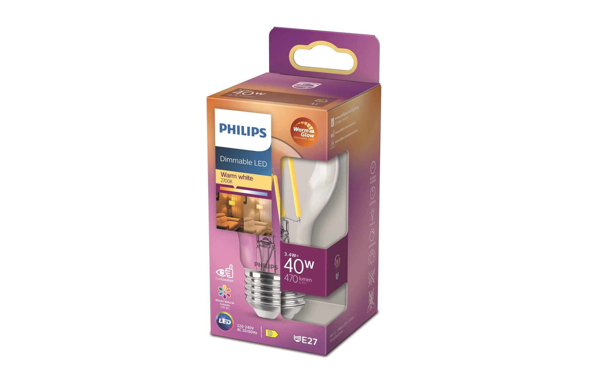 Philips by Signify Philips LED-Leuchtmittel E27 A-Form – Warmweiss 2200–2700 K, 470 lm, 3,4 W, dimmbar – Transparent/Glas – 1 Stk
