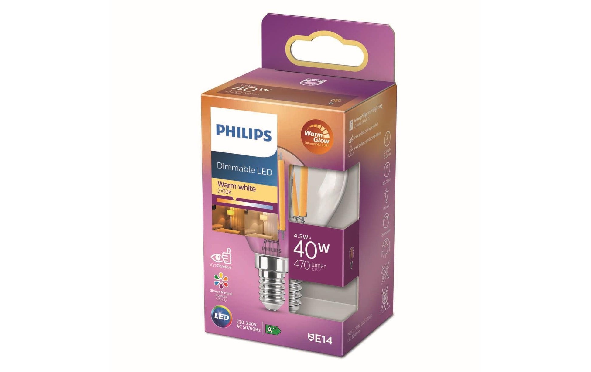 Philips by Signify Philips Leuchtmittel E14 P45 – Warmweiss 2200–2700 K, 470 lm, 3,4 W – 1 Stk., klar, Glas