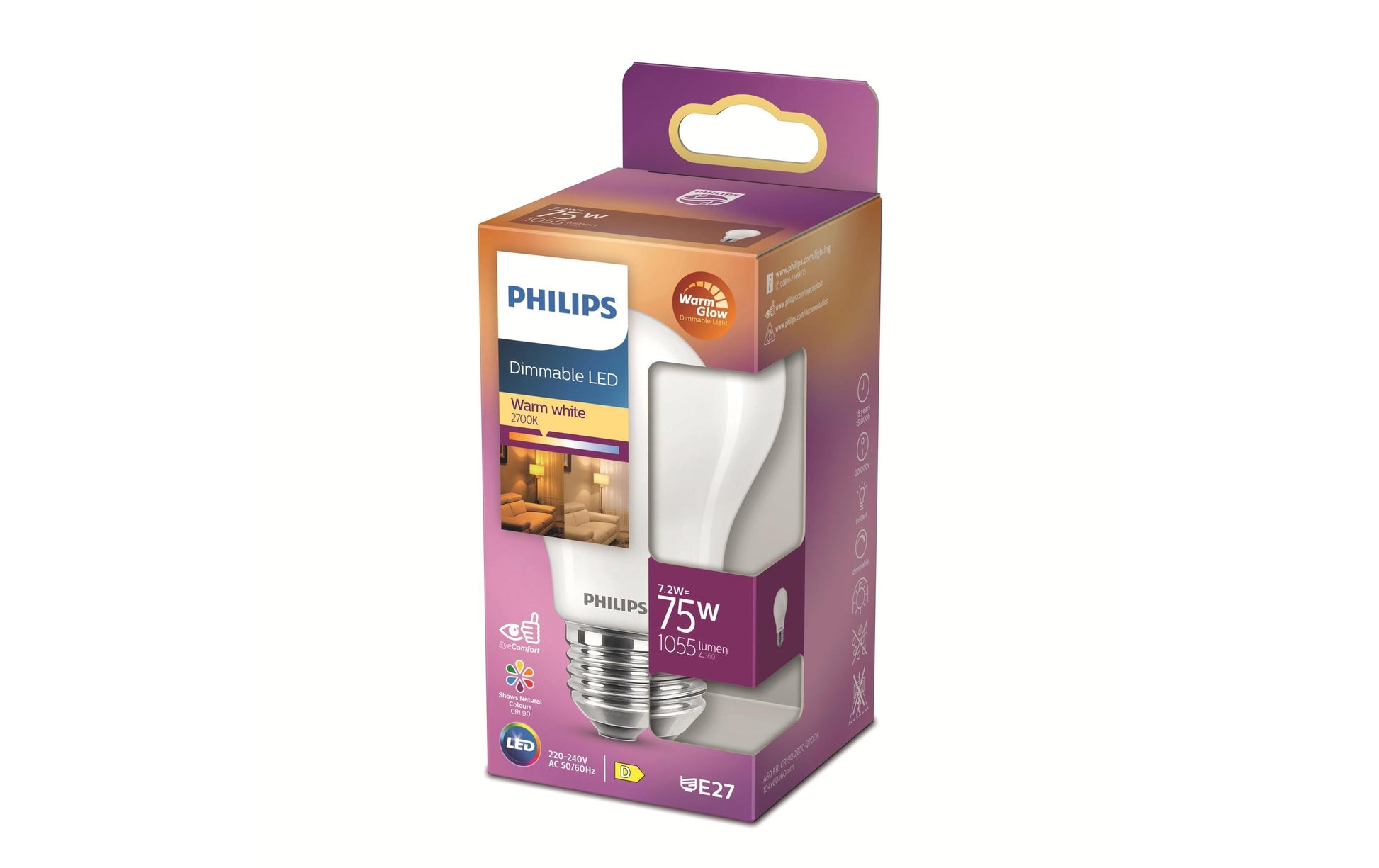 Philips by Signify Philips LED-Leuchtmittel E27 A60 – Warmweiss 2200–2700 K, 1055 lm, 7,2 W – 1 Stk.