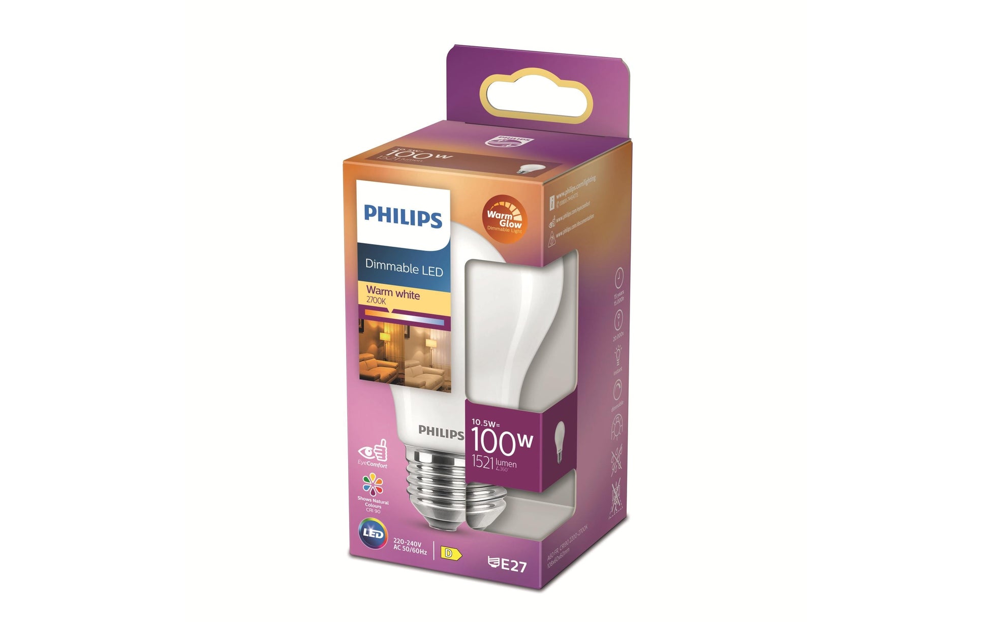 Philips by Signify Philips LED-Leuchtmittel E27 A-Form – 1521 lm, 10,5 W, Warmweiss 2200–2700 K, dimmbar – 1 Stk., Weiss/Glas