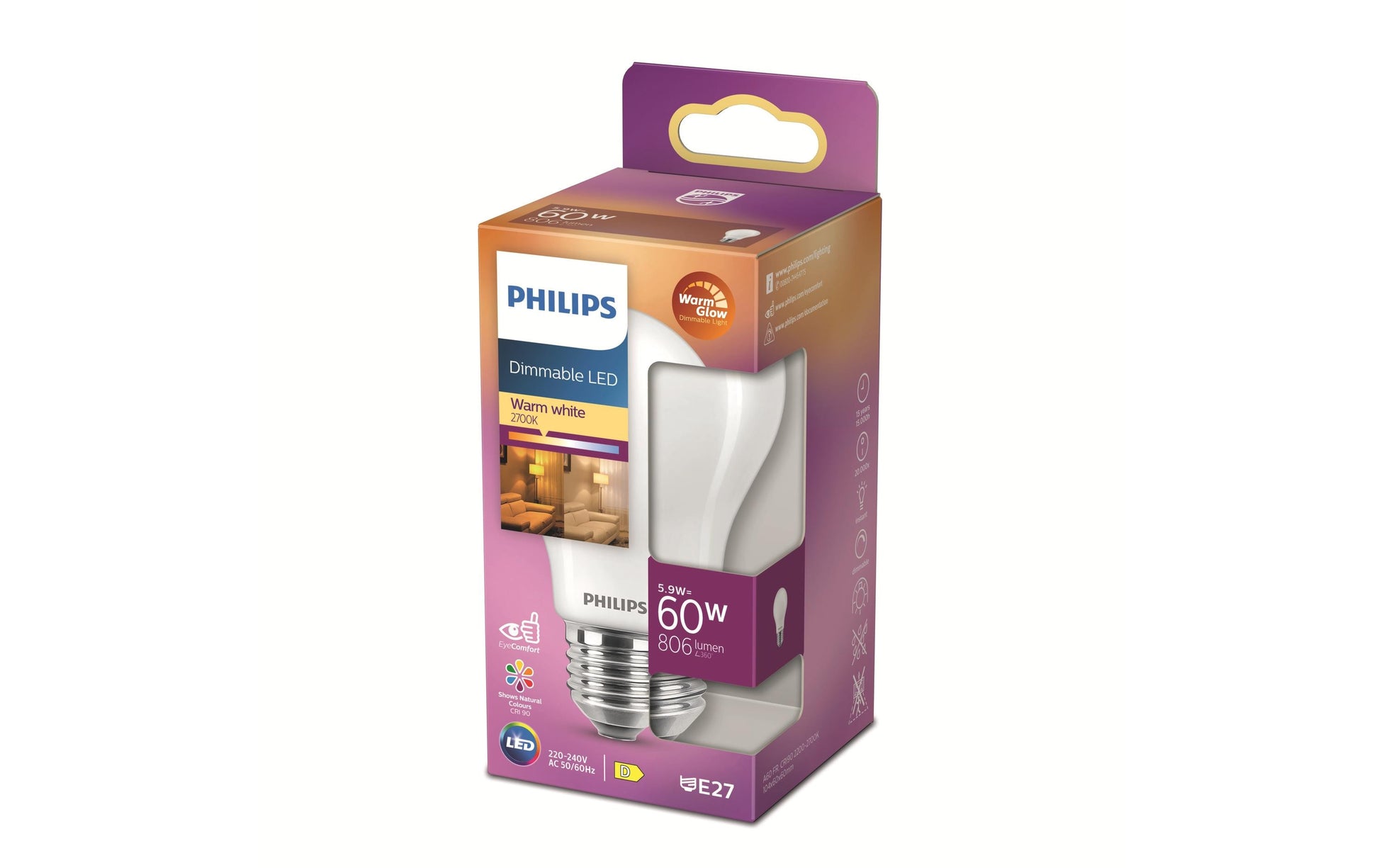 Philips by Signify Philips LED-Leuchtmittel E27 A-Form – Warmweiss 2200–2700 K, 806 lm, 5,9 W – 1 Stk. – Milchglas – LED classic