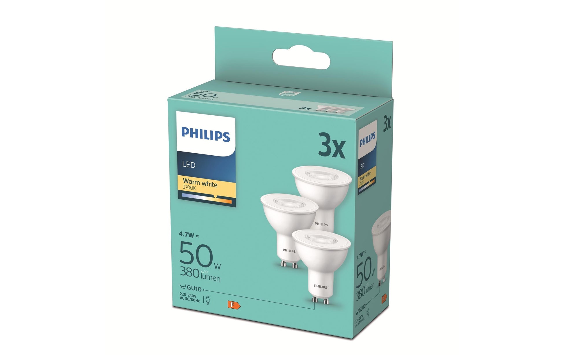 Philips by Signify Philips LED-Reflektor MR16 GU10 – Warmweiss 2700 K, 380 lm, 4,7 W, 36° – 3 Stk. – Weiss