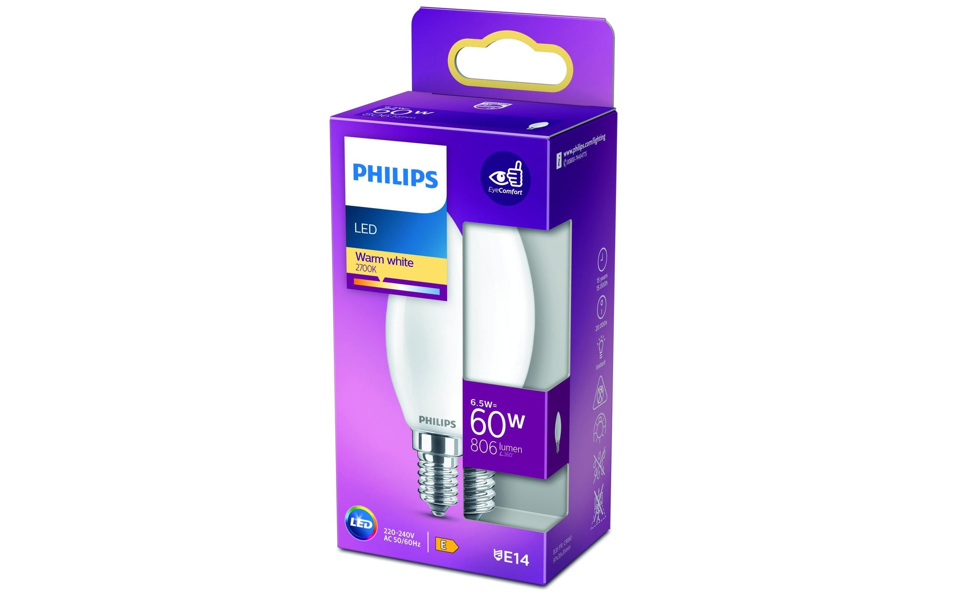 Philips by Signify Philips LED-Leuchtmittel E14 B35 – Warmweiss 2700 K, 806 lm, 6,5 W – 1 Stk., Weiss, Glas