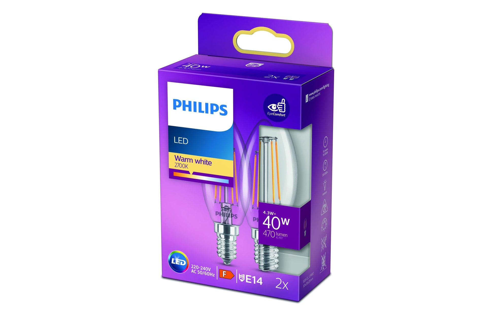 Philips by Signify Philips LED-Leuchtmittel E14 B35 Kerze – 470 lm, 4,3 W, Warmweiss 2700 K – 1 Stk., Klar