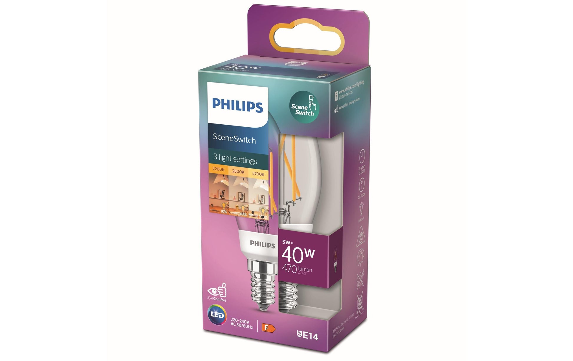 Philips by Signify Philips LED-Leuchtmittel E14 Kerze – Warmweiss 2700 K, 470 lm, 5 W – 1 Stk. – Glas, klar