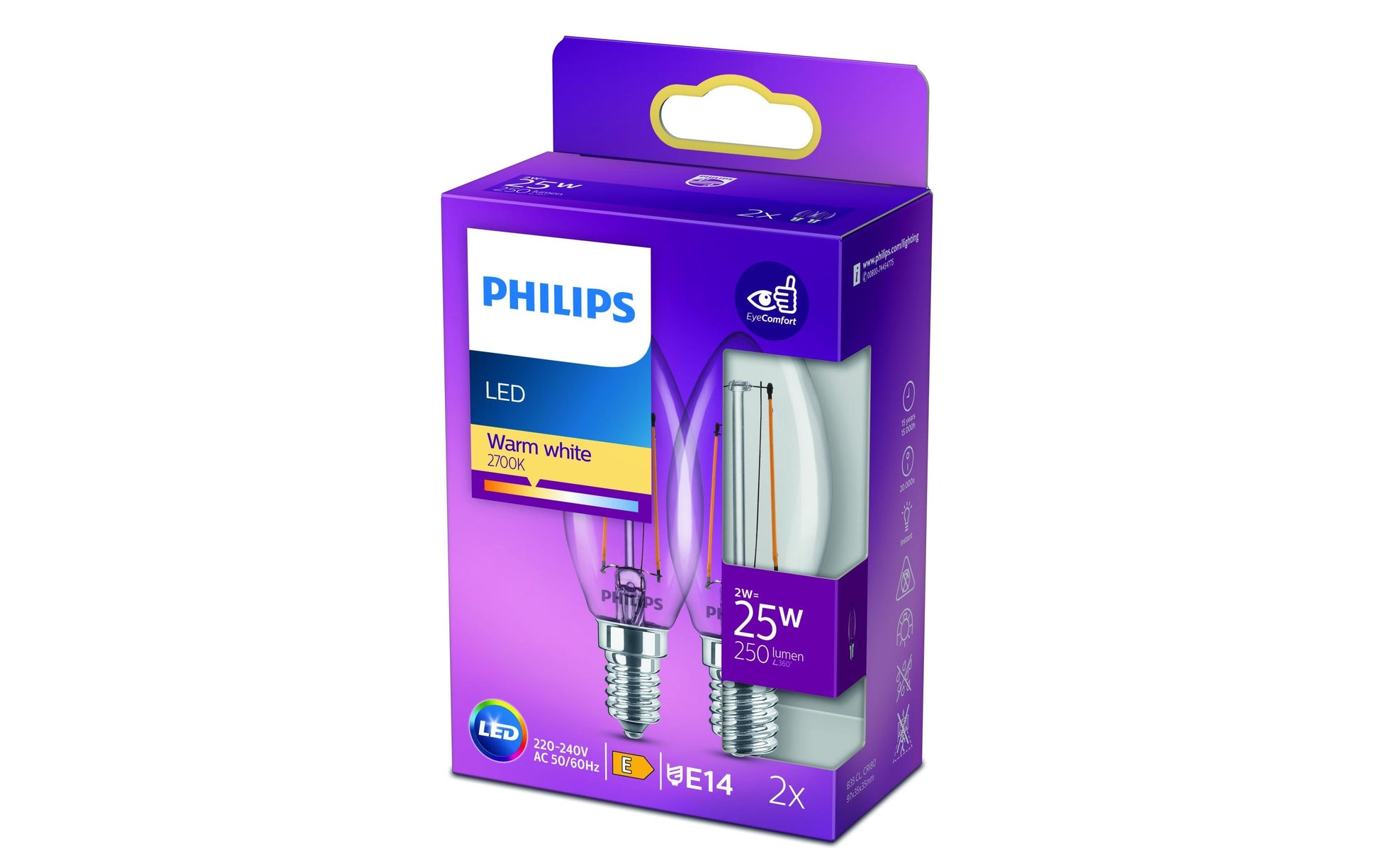 Philips by Signify Philips LED-Leuchtmittel E14 B35 – Warmweiss 2700 K, 250 lm, 2 W – 2 Stk., Transparent/Glas