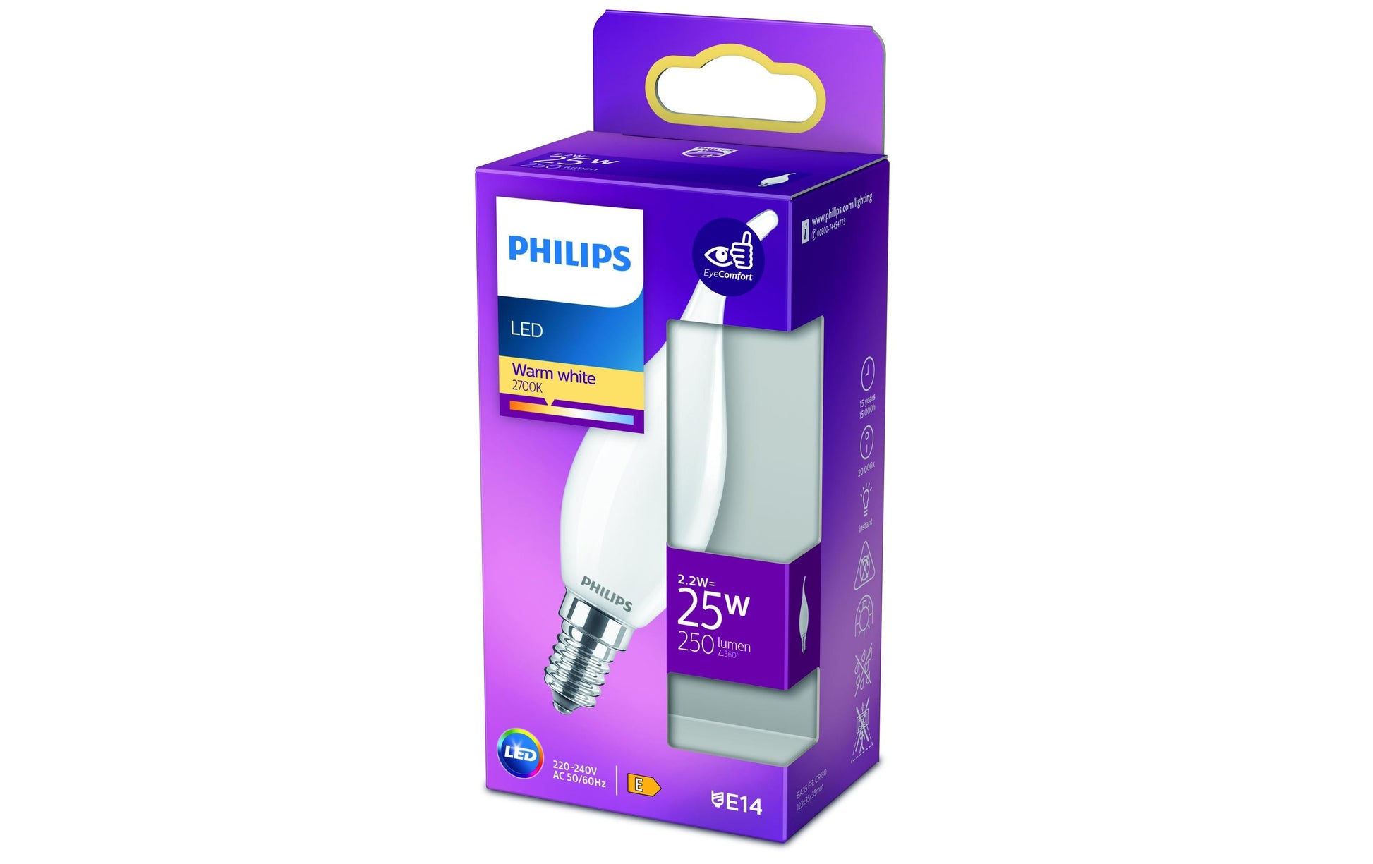 Philips by Signify Philips LED-Leuchtmittel BA35 E14 – Warmweiss 2700 K, 250 lm, 2,2 W – 1 Stk. – Weiss, Glas
