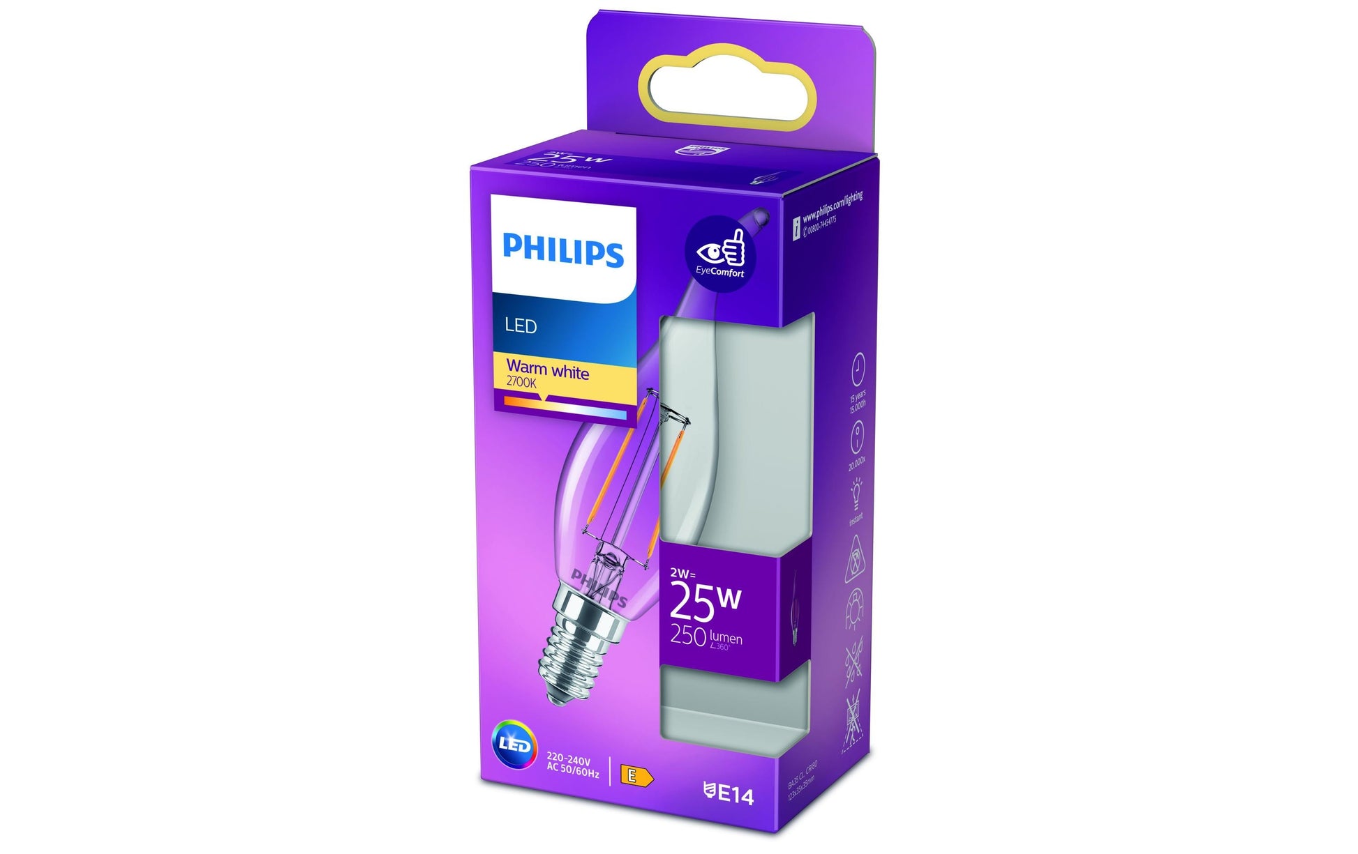 Philips by Signify Philips LED-Leuchtmittel E14 Kerze (BA35) – Warmweiss 2700 K, 250 lm, 2 W – Transparent, 1 Stk.