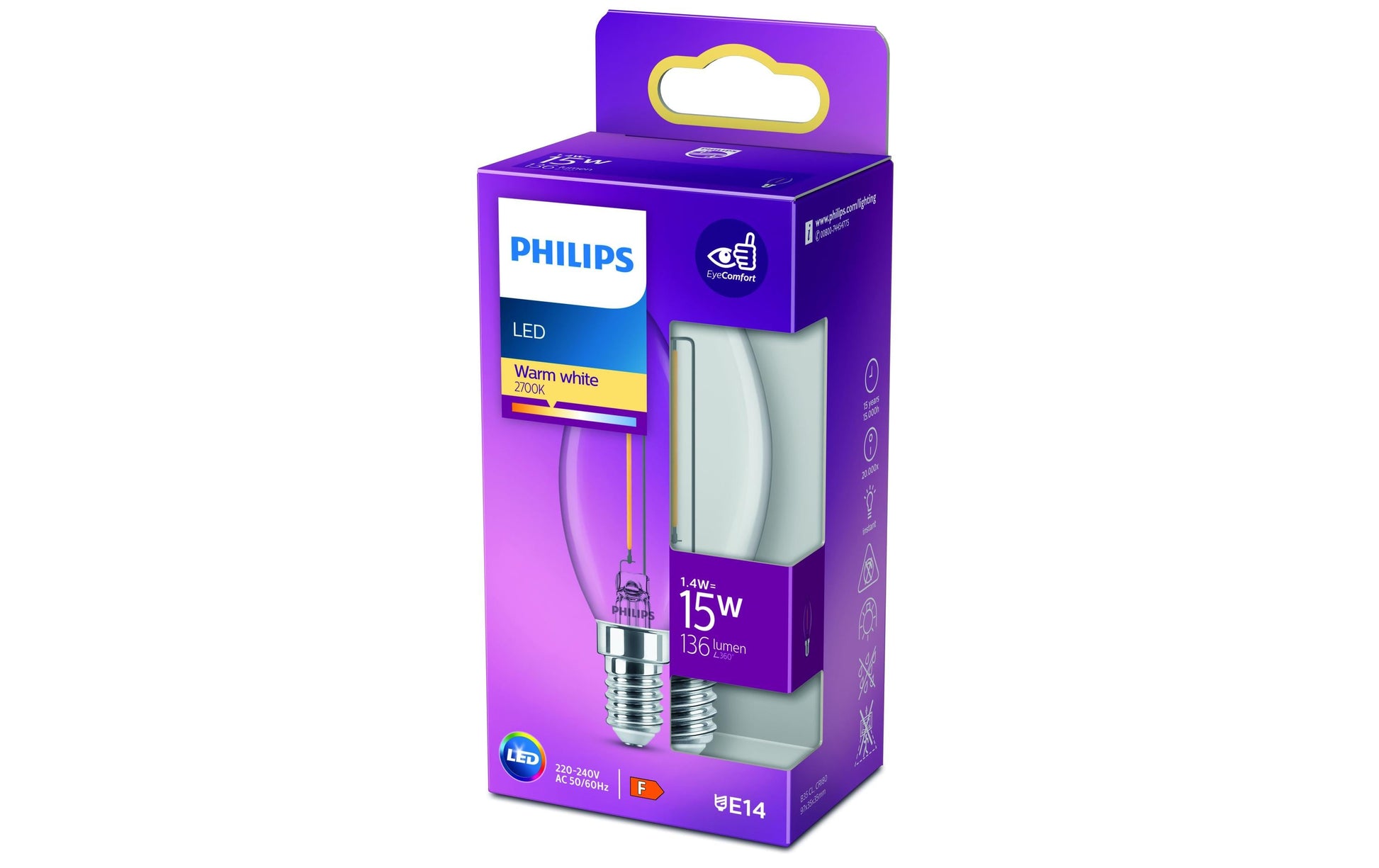 Philips by Signify Philips LED-Leuchtmittel E14 B35 – Warmweiss 2700 K, 136 lm, 1,4 W – Klar – 1 Stk.