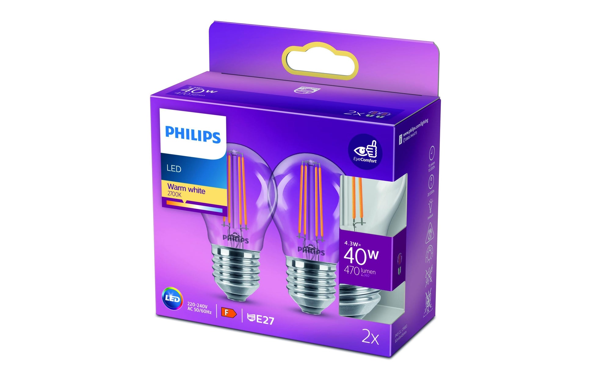 Philips by Signify Philips LED-Leuchtmittel E27 P45 – Warmweiss 2700 K, 470 lm, 4,3 W – 2 Stk. – Klar