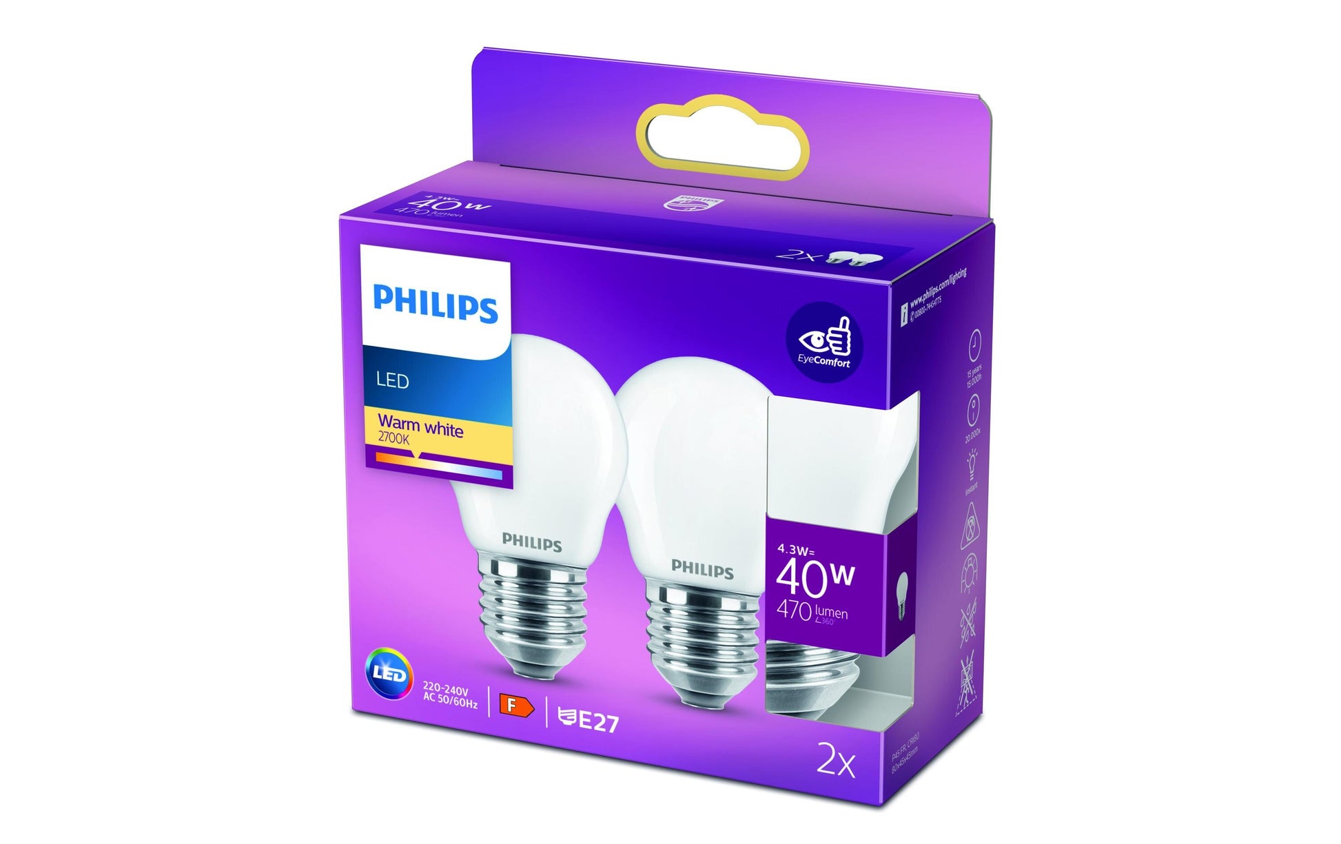 Philips by Signify Philips LED-Leuchtmittel E27 P45 – 470 lm, 4,3 W, Warmweiss 2700 K – Mattglas – 1 Stk.