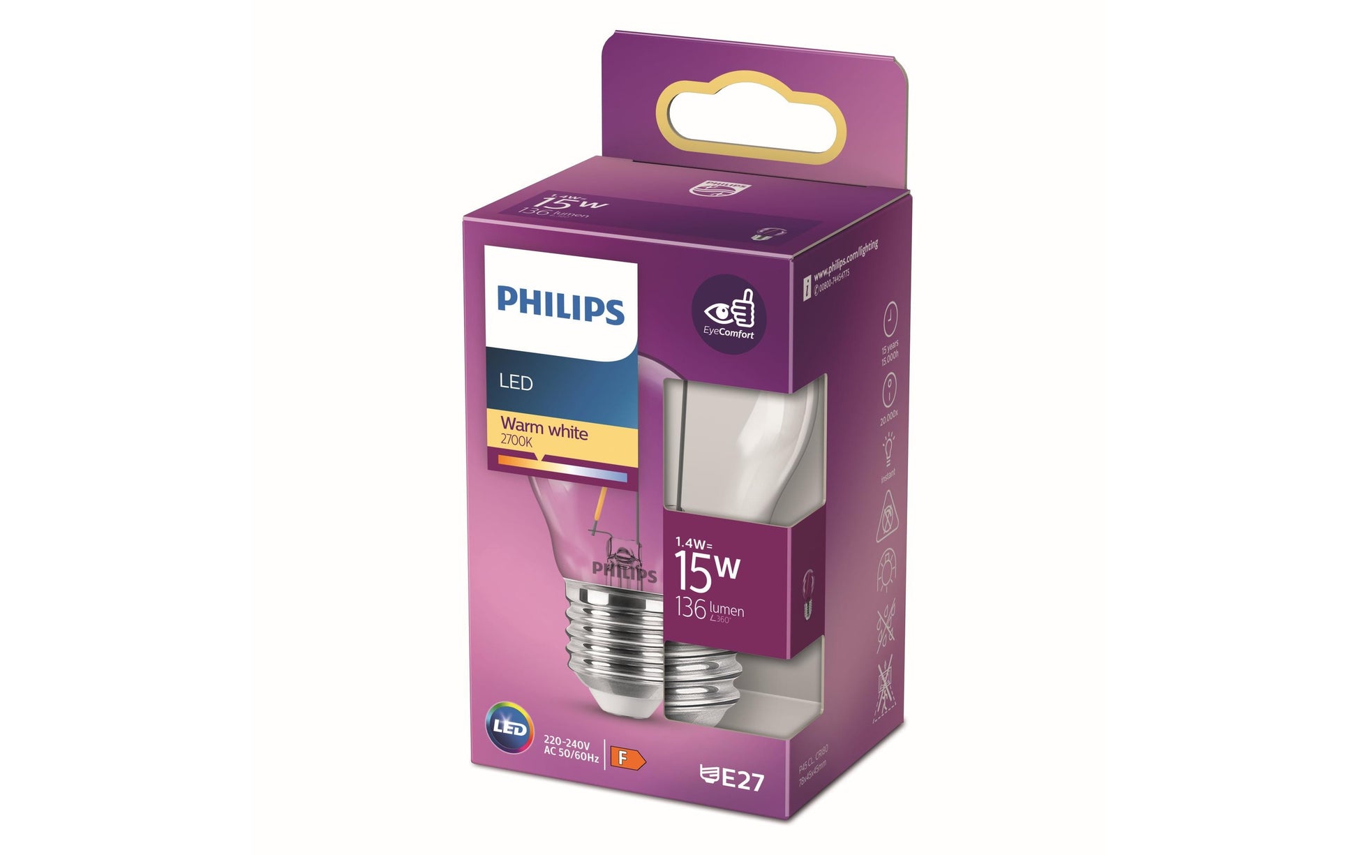 Philips by Signify Philips LED-Leuchtmittel E27 P45 – Warmweiss 2700 K, 136 lm, 1,4 W – 1 Stk. – Transparent