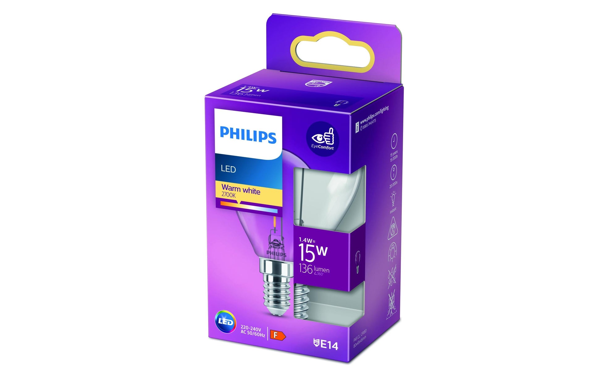 Philips by Signify Philips LED-Leuchtmittel E14 P45 – 136 lm, 1,4 W, Warmweiss 2700 K – IP20 – 1 Stk., Transparent, Glas