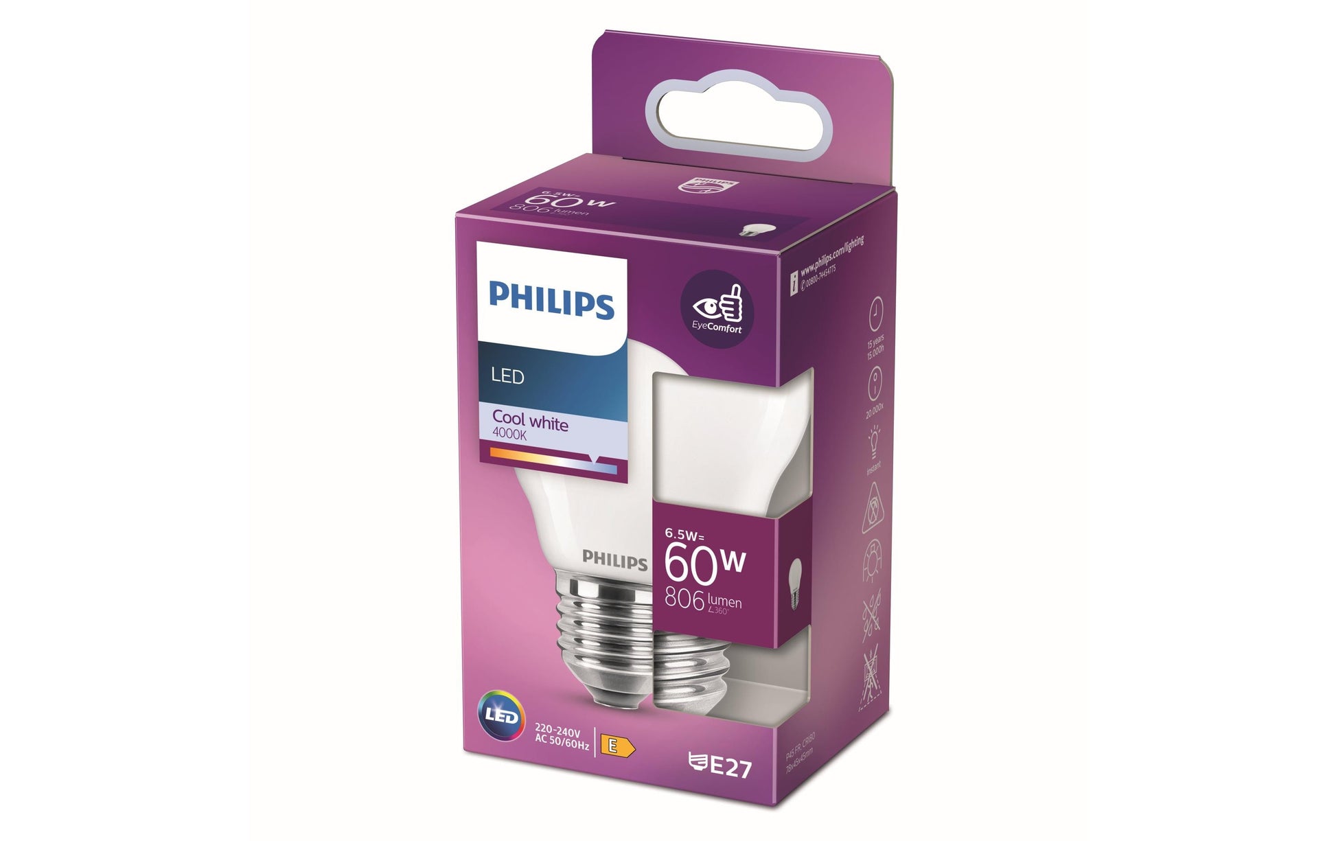 Philips by Signify Philips LED-Leuchtmittel E27 P45 – Neutralweiss 4000 K, 806 lm, 6,5 W – IP20 – 1 Stk. – Weiss, Glas